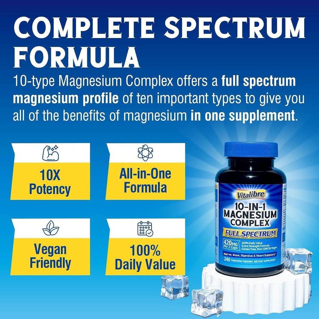 10 in 1 Magnesium Complex, 420mg Elemental Magnesium 240 Capsules | Ultra Strength, Max Absorption | Chelated Magnesium Supplement for Women Men Nerves, Bone & Heart Health | Non-GMO - view 3