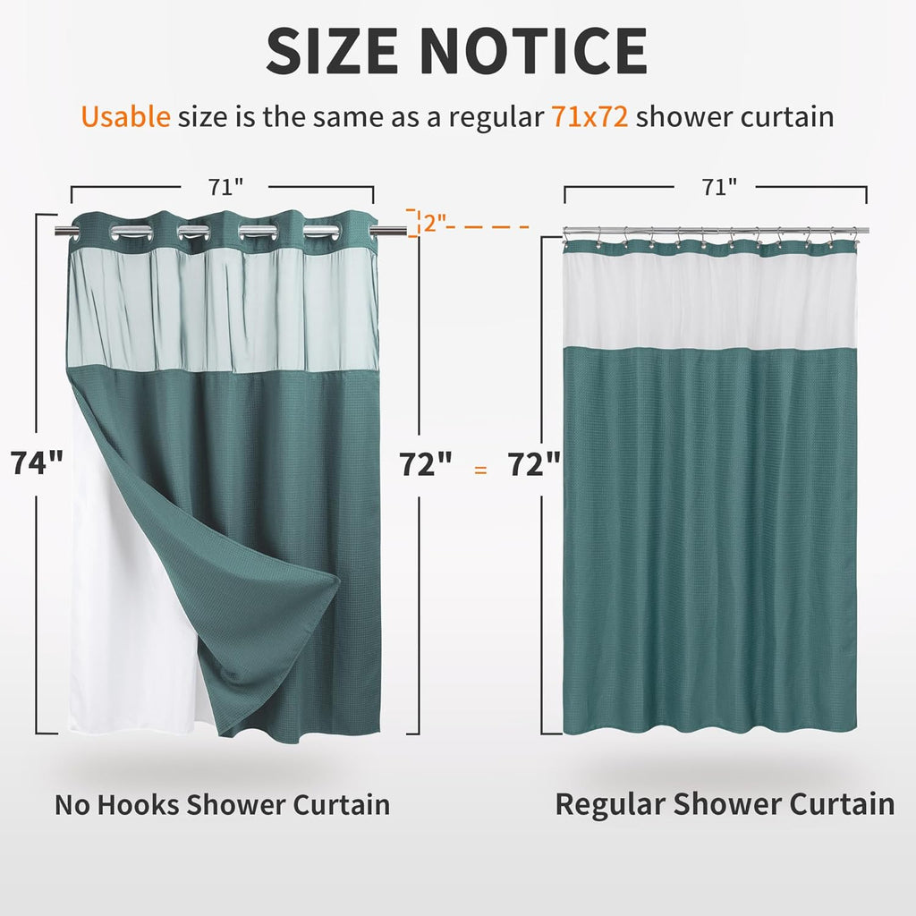 Heavyweight waffle no hook shower curtain with liner, teal, 71x74 | dotted waffle, snap-in liner, heavy duty, quick dry, mesh top window, with bottom magnets, hotel-grade, washable, standard size - view 4