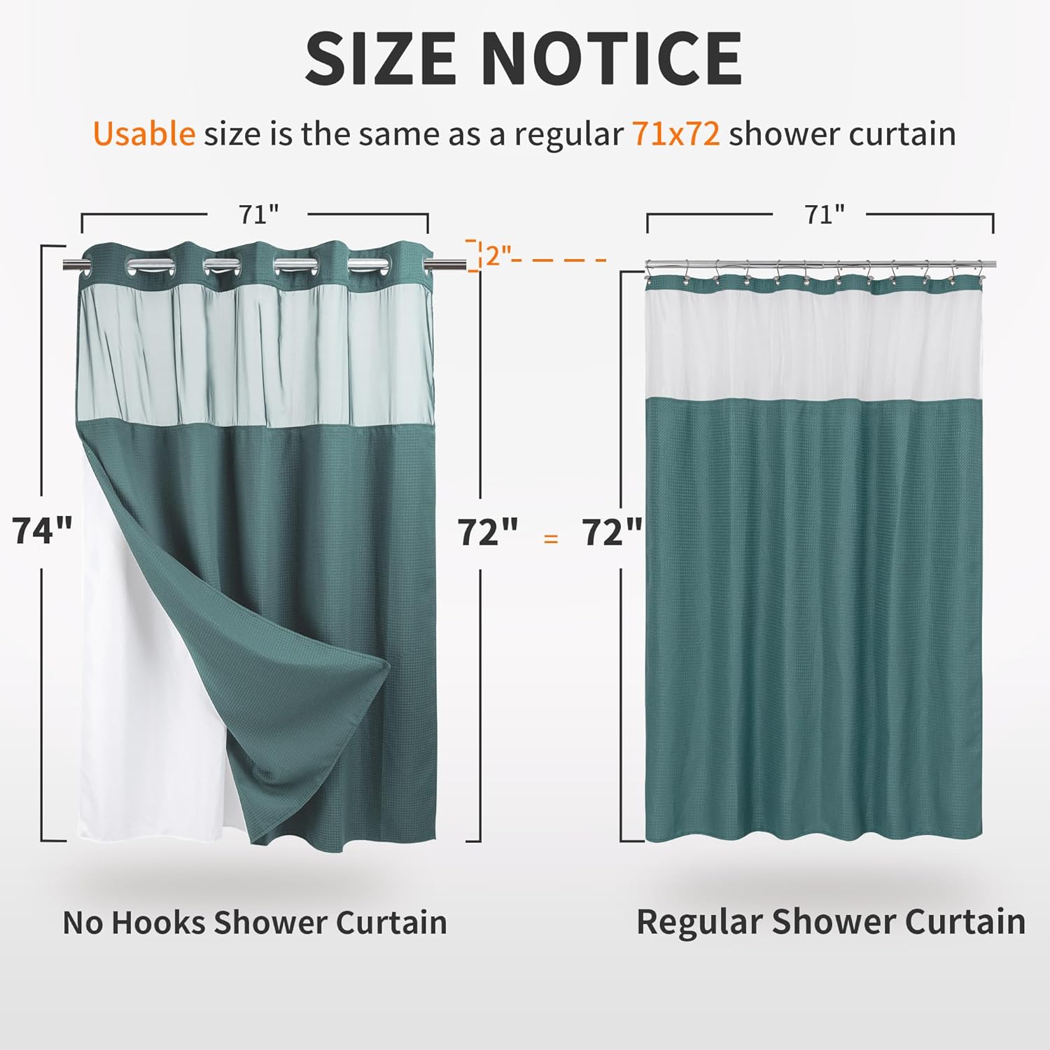 Heavyweight waffle no hook shower curtain with liner, teal, 71x74 | dotted waffle, snap-in liner, heavy duty, quick dry, mesh top window, with bottom magnets, hotel-grade, washable, standard size - view 4