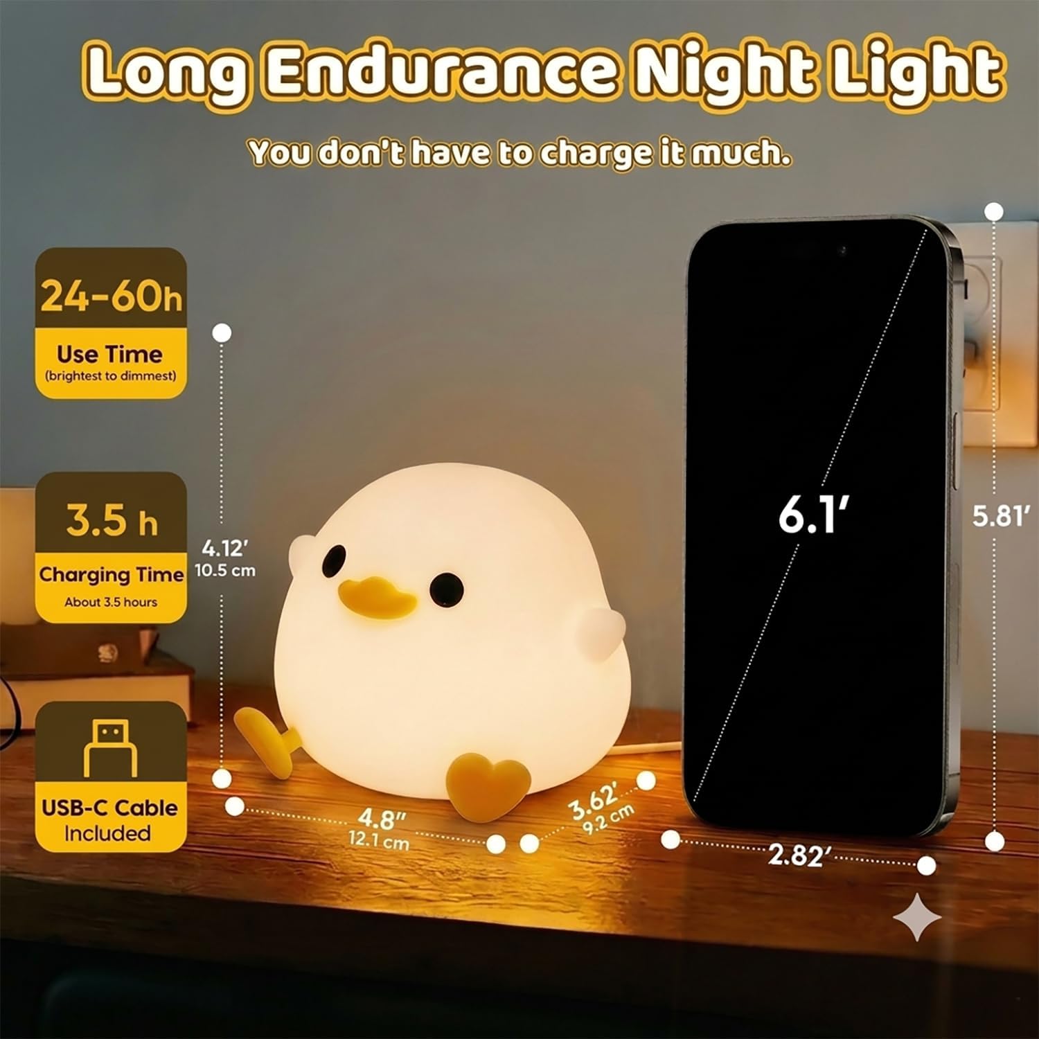 Duck night light, cute duck lamp, silicone dimmable nursery nightlight, rechargeable LED bedside lamp with 20 minutes timer & tap control baby girls women bedrooms, living room - view 4