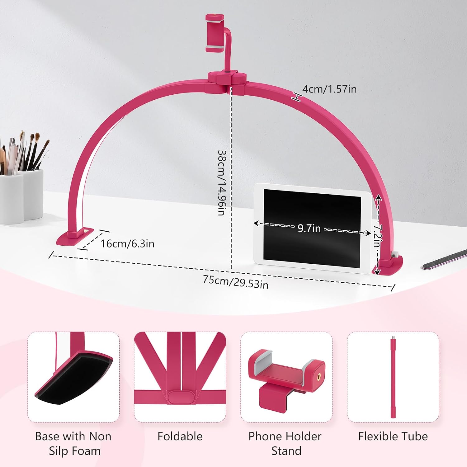 Half moon light for nail desk: 29" foldable nail light for desk | AB diamonds arch nail tech light with phone holder for beginner - 3 color modes & 10 brightness for manicure salon - rose red - view 4