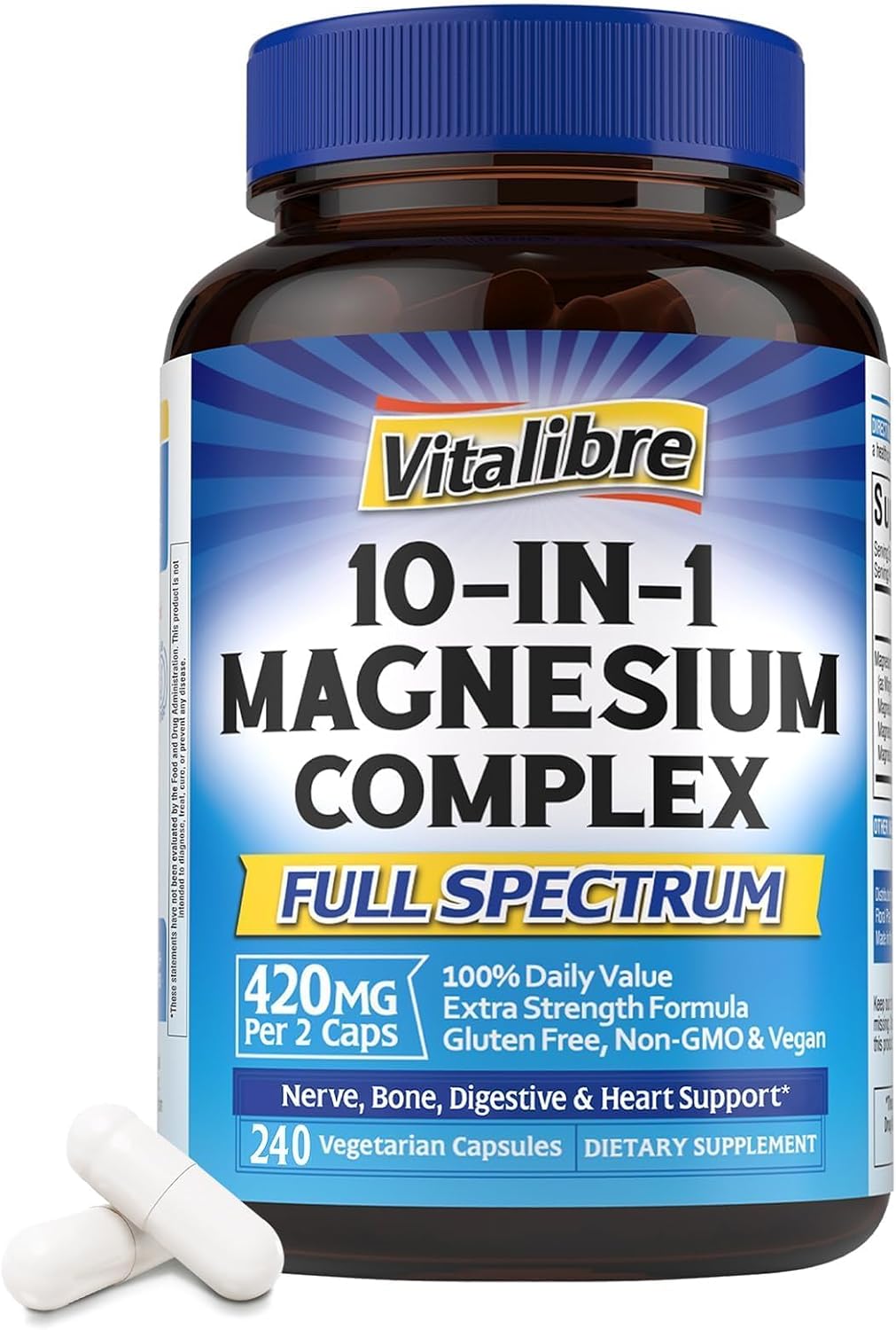 10 in 1 Magnesium Complex, 420mg Elemental Magnesium 240 Capsules | Ultra Strength, Max Absorption | Chelated Magnesium Supplement for Women Men Nerves, Bone & Heart Health | Non-GMO