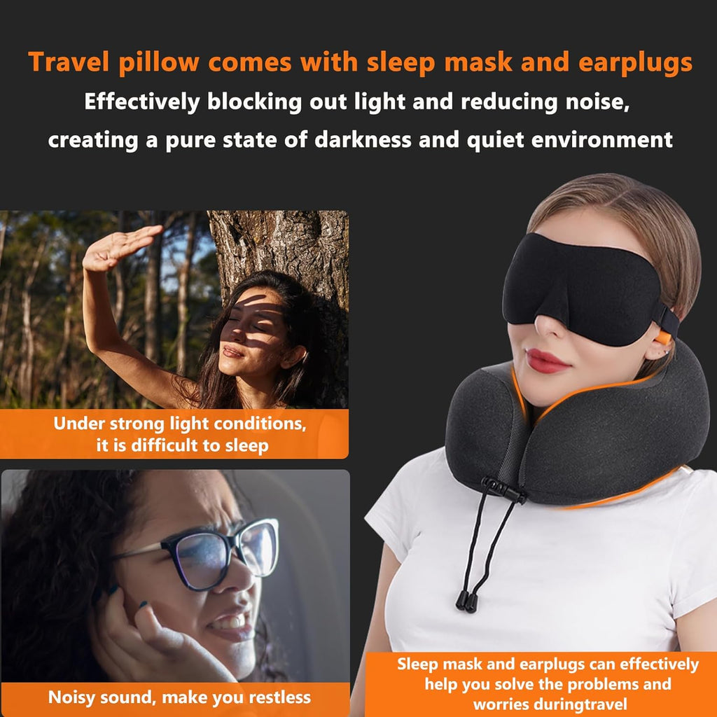 Airplane travel neck pillow for sleeping, 3D-eye mask & earplugs kit | 3-in-1 travel kit, eye mask + earplugs, curved neck & chin support, rope lock fit, memory foam keeps it's shape - view 3