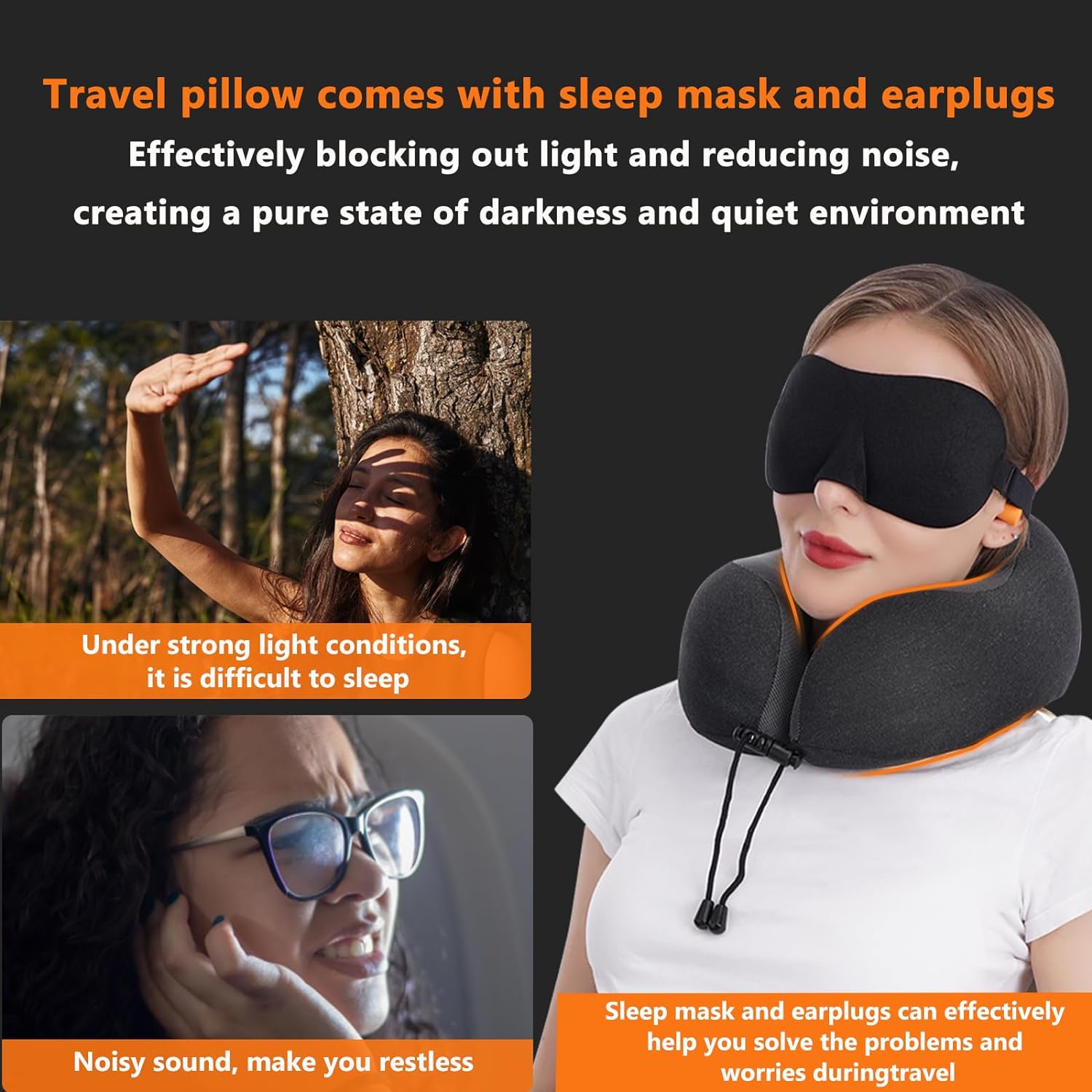 Airplane travel neck pillow for sleeping, 3D-eye mask & earplugs kit | 3-in-1 travel kit, eye mask + earplugs, curved neck & chin support, rope lock fit, memory foam keeps it's shape - view 3