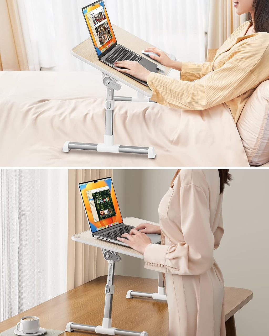 Laptop bed tray table, adjustable standing desk lap desk | for sofa couch floor working studying reading writing eating, fit up to 17" laptop (large, teak) - view 3