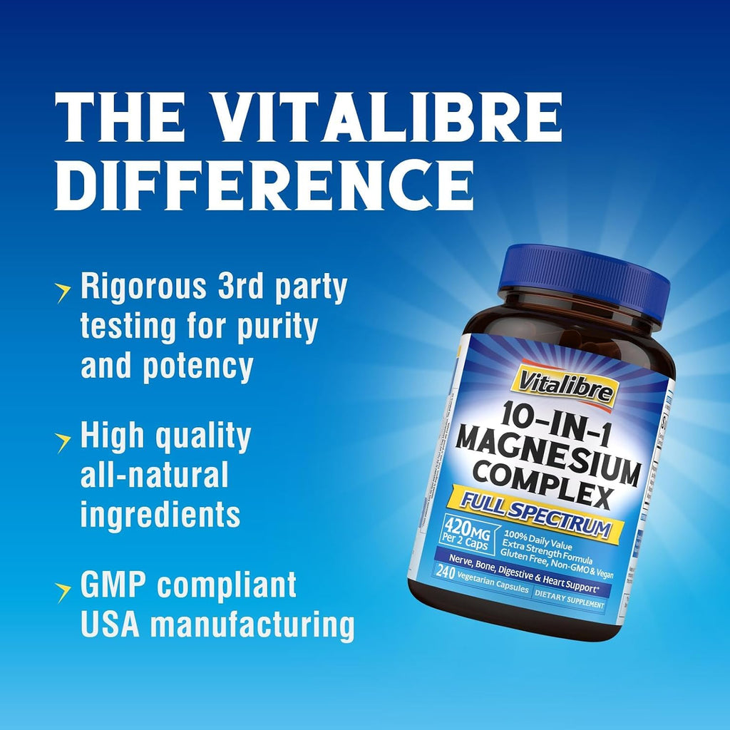 10 in 1 Magnesium Complex, 420mg Elemental Magnesium 240 Capsules | Ultra Strength, Max Absorption | Chelated Magnesium Supplement for Women Men Nerves, Bone & Heart Health | Non-GMO - view 6