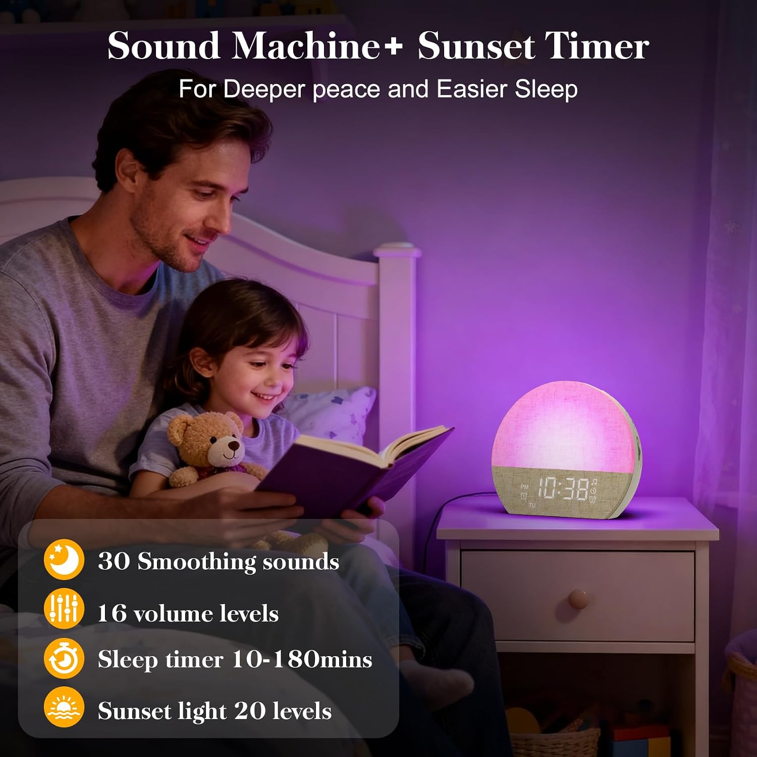 Sunrise alarm clock sound machine with dual alarm for heavy sleepers | 30 soothing sleep sounds & dimmable night light, natural wake-up light for bedrooms, baby rooms, dorms, kids & adults, gift - view 5