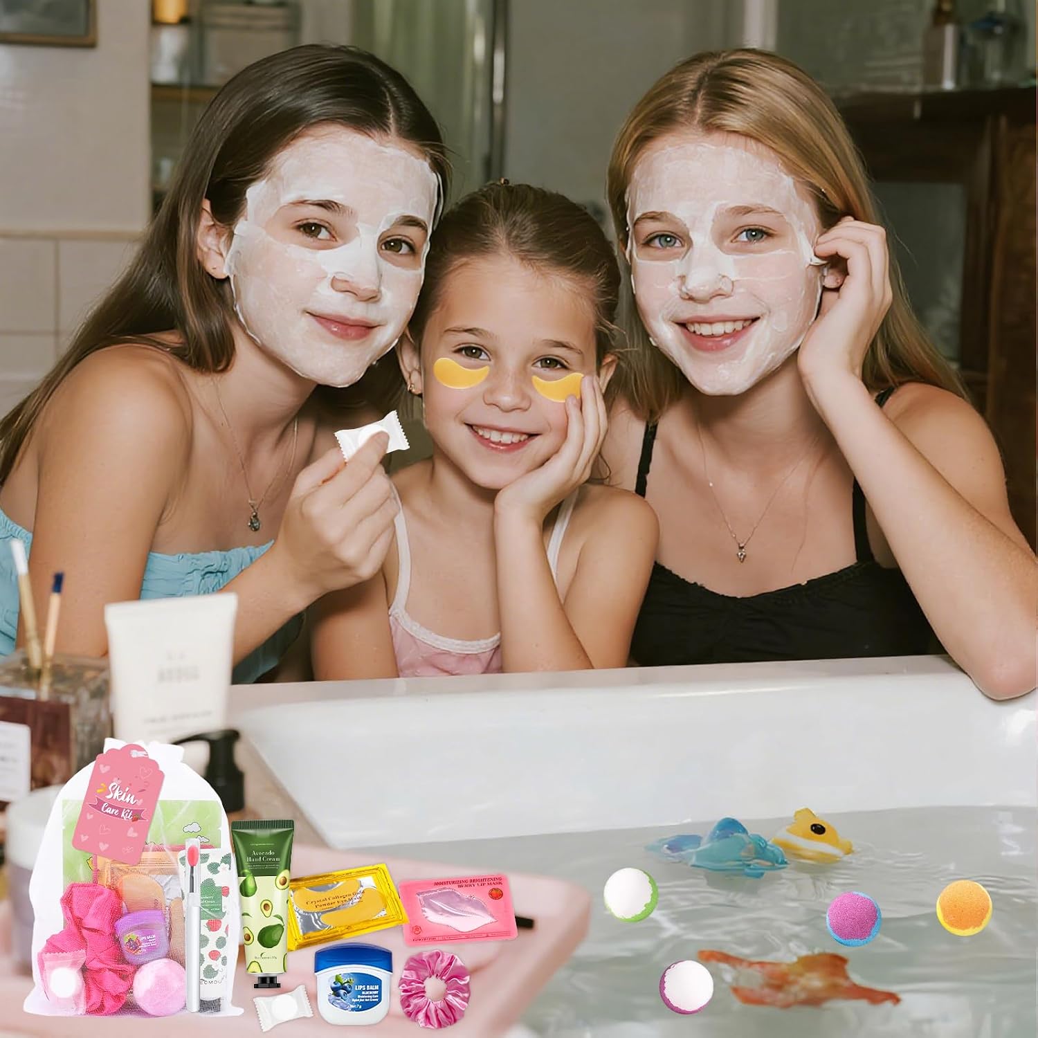 88pcs spa party supplies for girls, spa party favors include face masks, under eye patches, lip masks, lip balm, hand cream, foot bath bombs, compressed towels, bulk spa sleepover slumber party kit - view 3