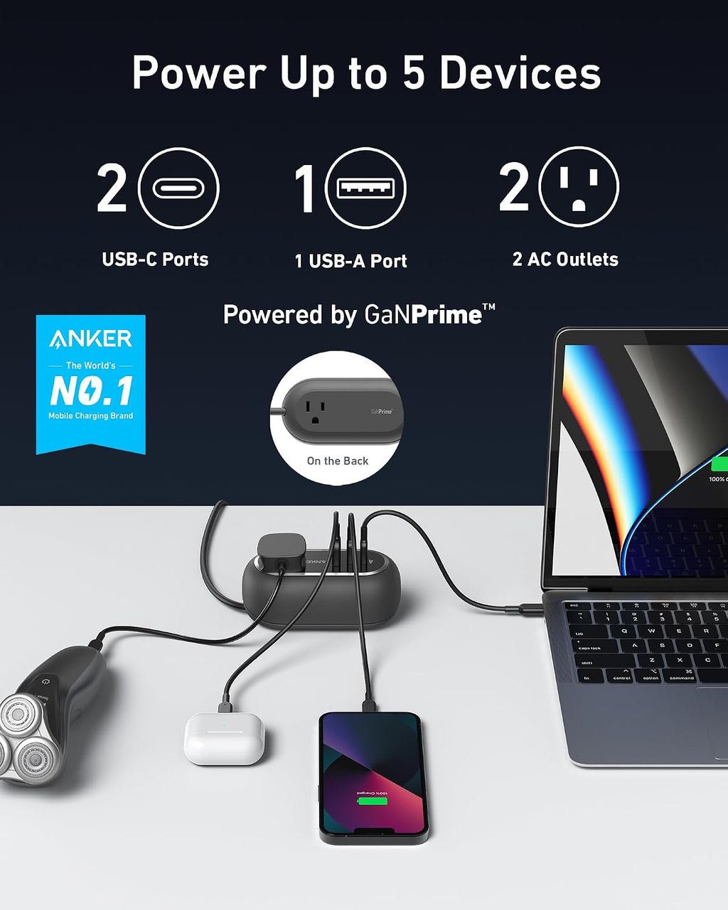 GaNPrime 65W Charging Station, 615 USB-C 5-in-1 Power Strip | 3ft Cord with 2AC, 2 USB-C, 1 USB-A, for Travel and Work, Power Delivery for iPhone 16/16 Plus/16 Pro/16 Pro Max, and More - view 2