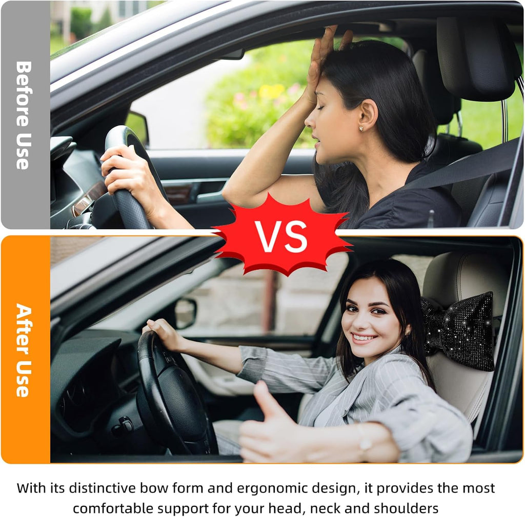 2 pcs bling car pillows, rhinestones bowknot car headrest pillow, black, car neck pillow for driver relax neck support, sleeping travel support neck pillow, diamond interior accessories for women - view 4