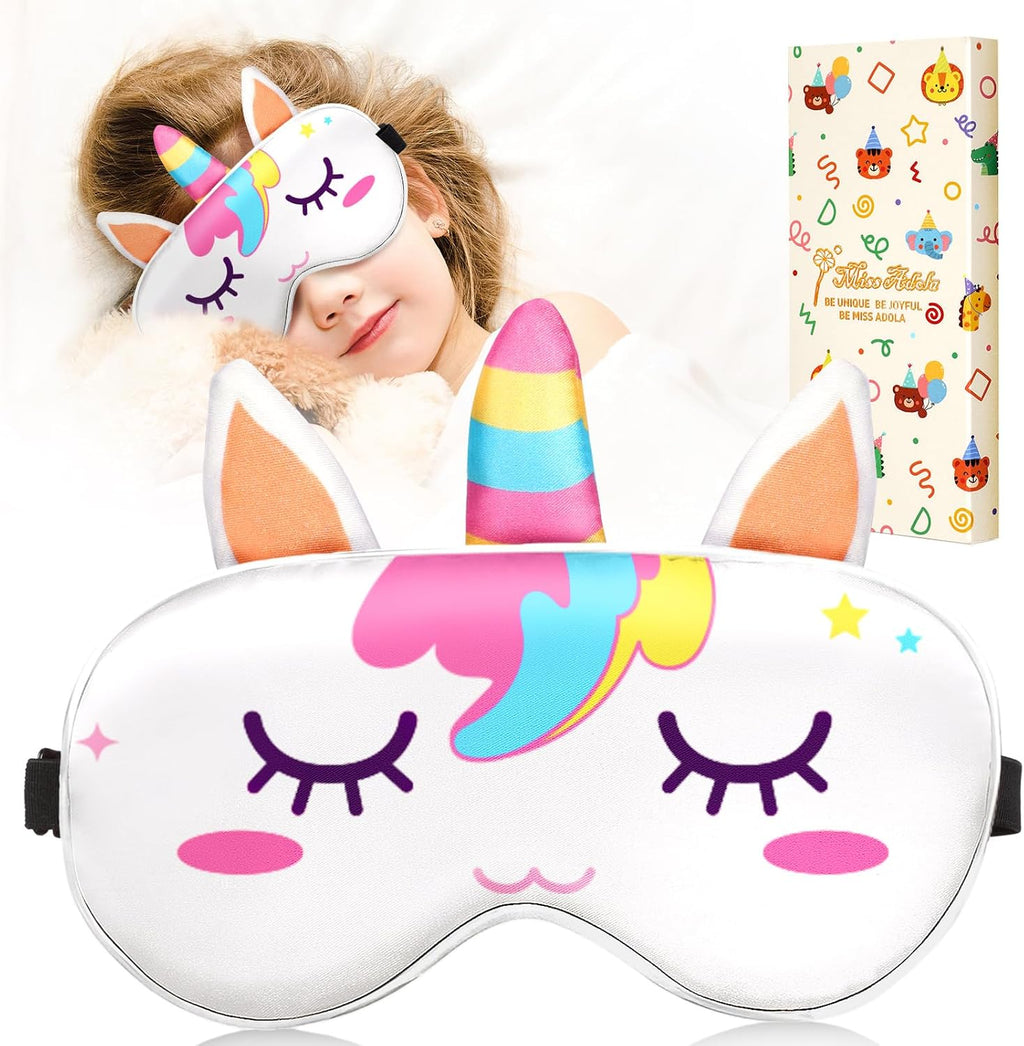 Sleep Mask for Kids - Valentines Gift for Kids Cute Silk Eye Cover for Sleeping Soft Kawaii Eyeshade Animal Eye Blindfold with Adjustable Strap for Girls Teens, Unicorn