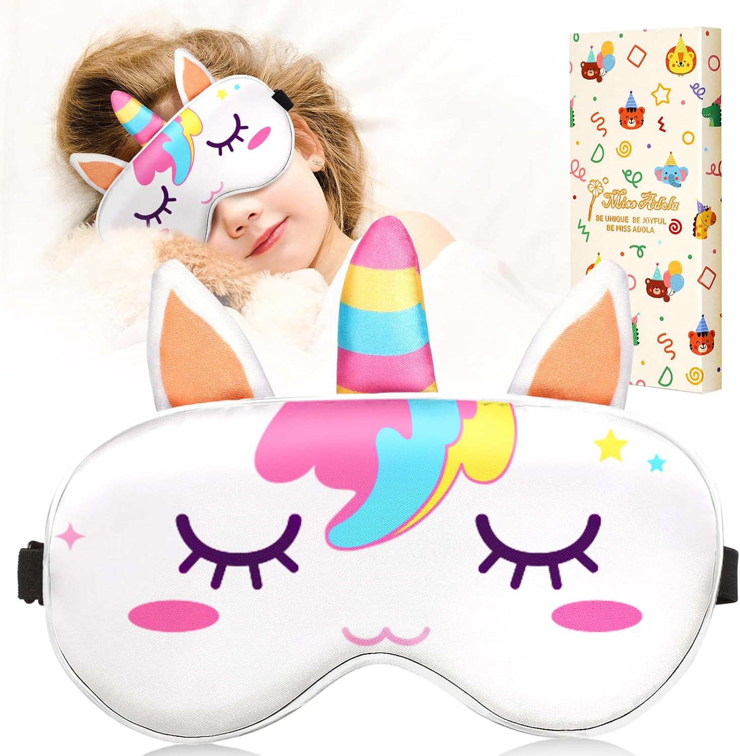 Sleep Mask for Kids - Valentines Gift for Kids Cute Silk Eye Cover for Sleeping Soft Kawaii Eyeshade Animal Eye Blindfold with Adjustable Strap for Girls Teens, Unicorn