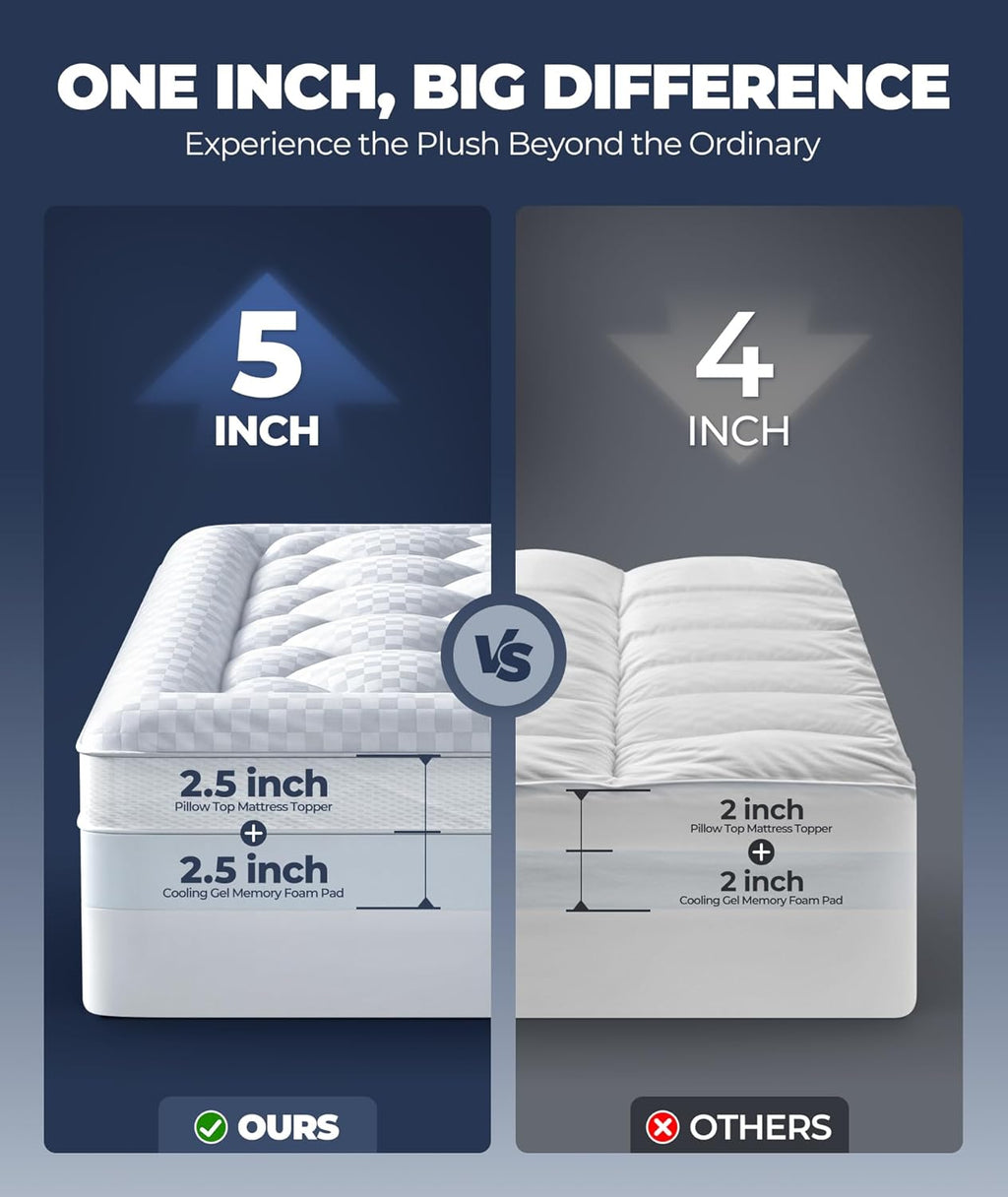 5 inch mega support memory foam queen mattress topper for pressure relief, dual layer 2.5" pillow top mattress topper queen plus 2.5" cooling gel infused memory foam mattress pad - view 2