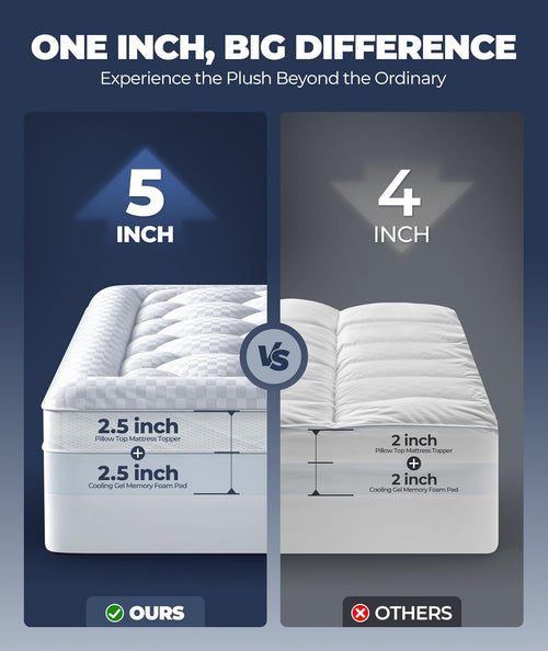 5 inch mega support memory foam queen mattress topper for pressure relief, dual layer 2.5" pillow top mattress topper queen plus 2.5" cooling gel infused memory foam mattress pad - view 2