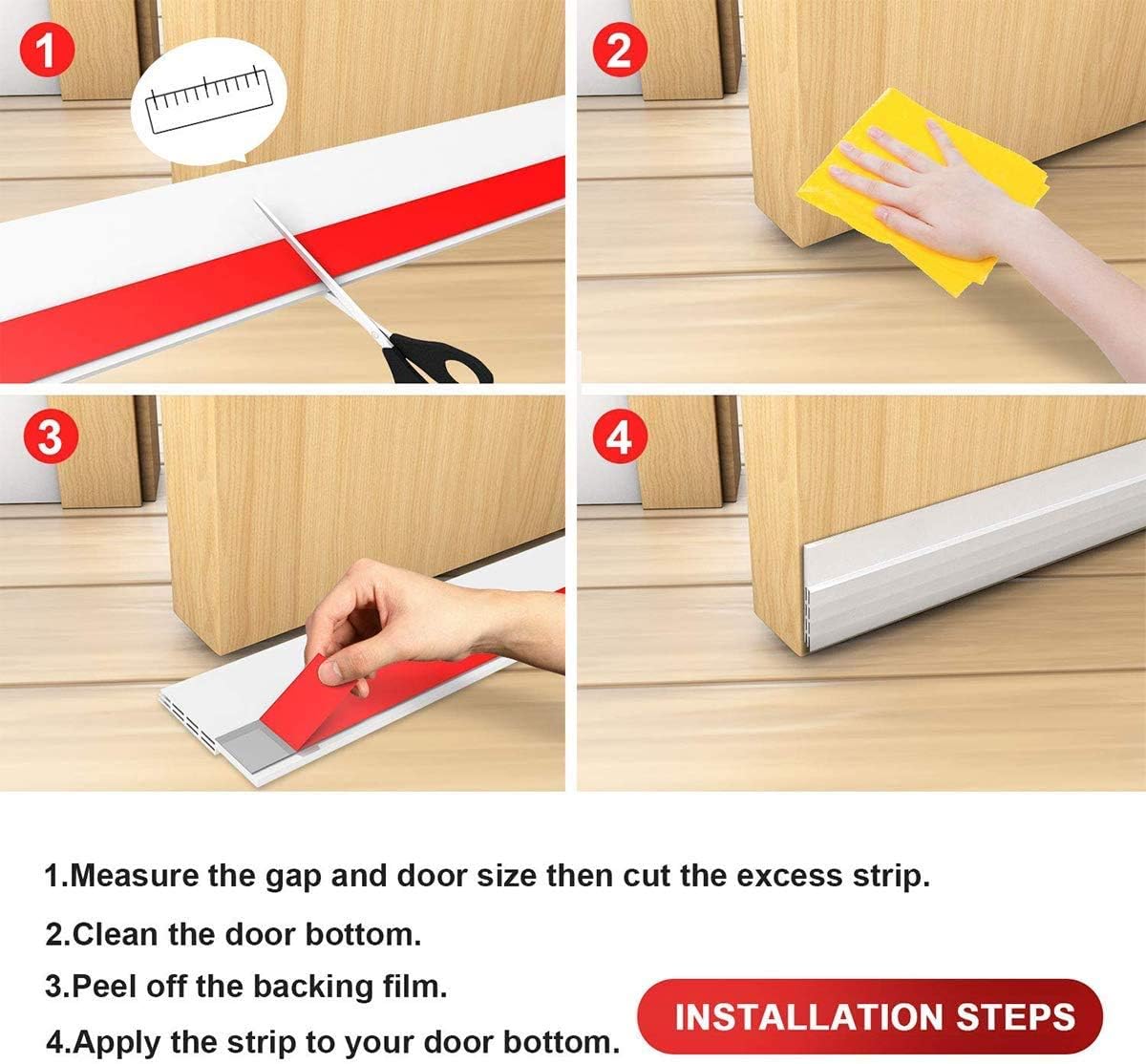 Door draft stopper under door sweep for exterior & interior doors, weather stripping door seal, strong adhesive door sweep soundproof weather stripping, 2" W x 39" L, white - view 8
