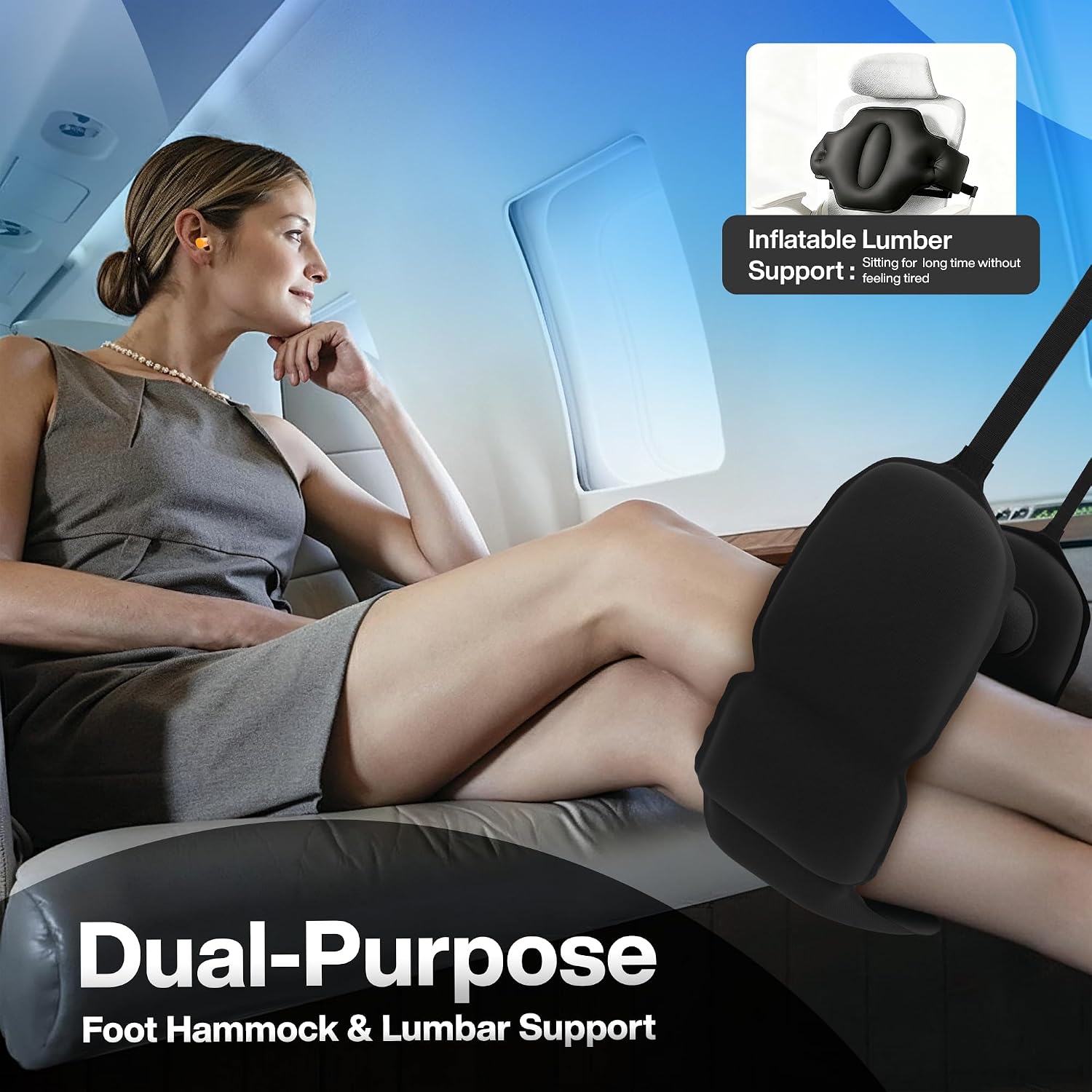4-in-1 Travel Set – Inflatable Neck Pillow, Convertible Lumbar Support & Foot Hammock, 3D Sleep Mask & Ear Plugs – Complete Comfort Kit for Airplane, Office & Car – Gift-Ready (Black) - view 4