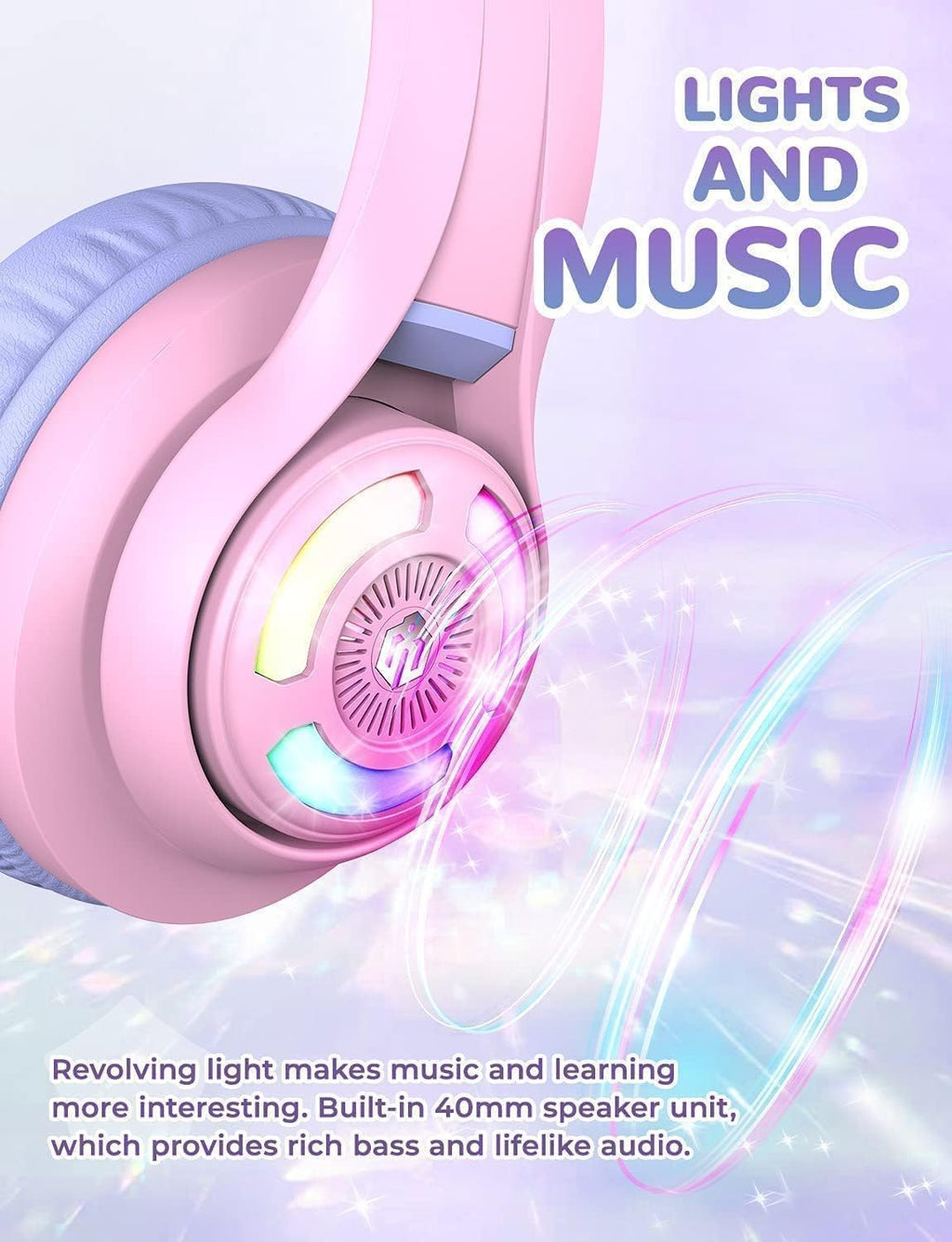 Kids Bluetooth headphones for girls, LED cat ear travel gift | SafeSound tech, 50H playtime, USB C charging, AUX cable, stereo sound, kids headphones wireless with mic for tablet, Purple - view 2