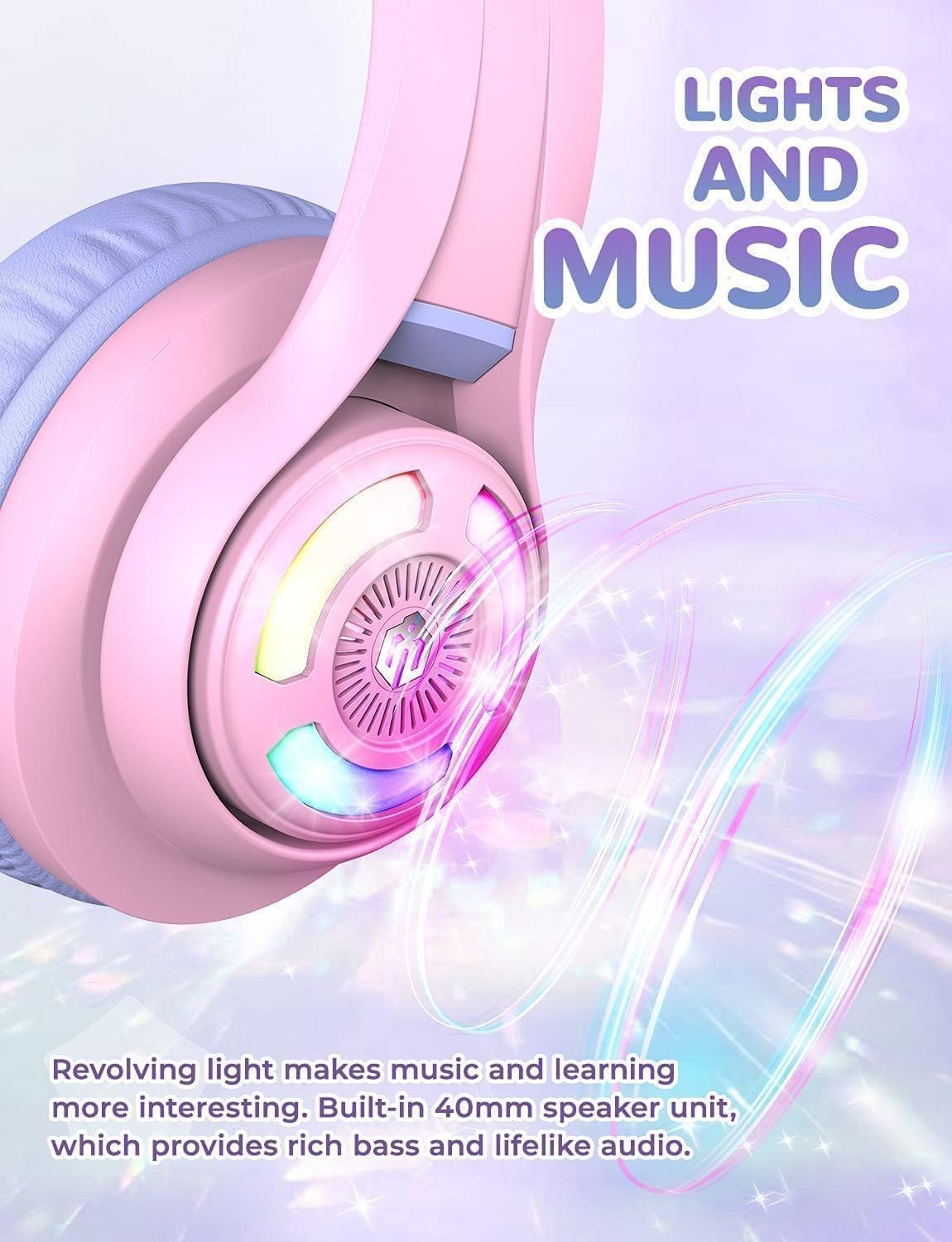 Kids Bluetooth headphones for girls, LED cat ear travel gift | SafeSound tech, 50H playtime, USB C charging, AUX cable, stereo sound, kids headphones wireless with mic for tablet, Purple - view 2