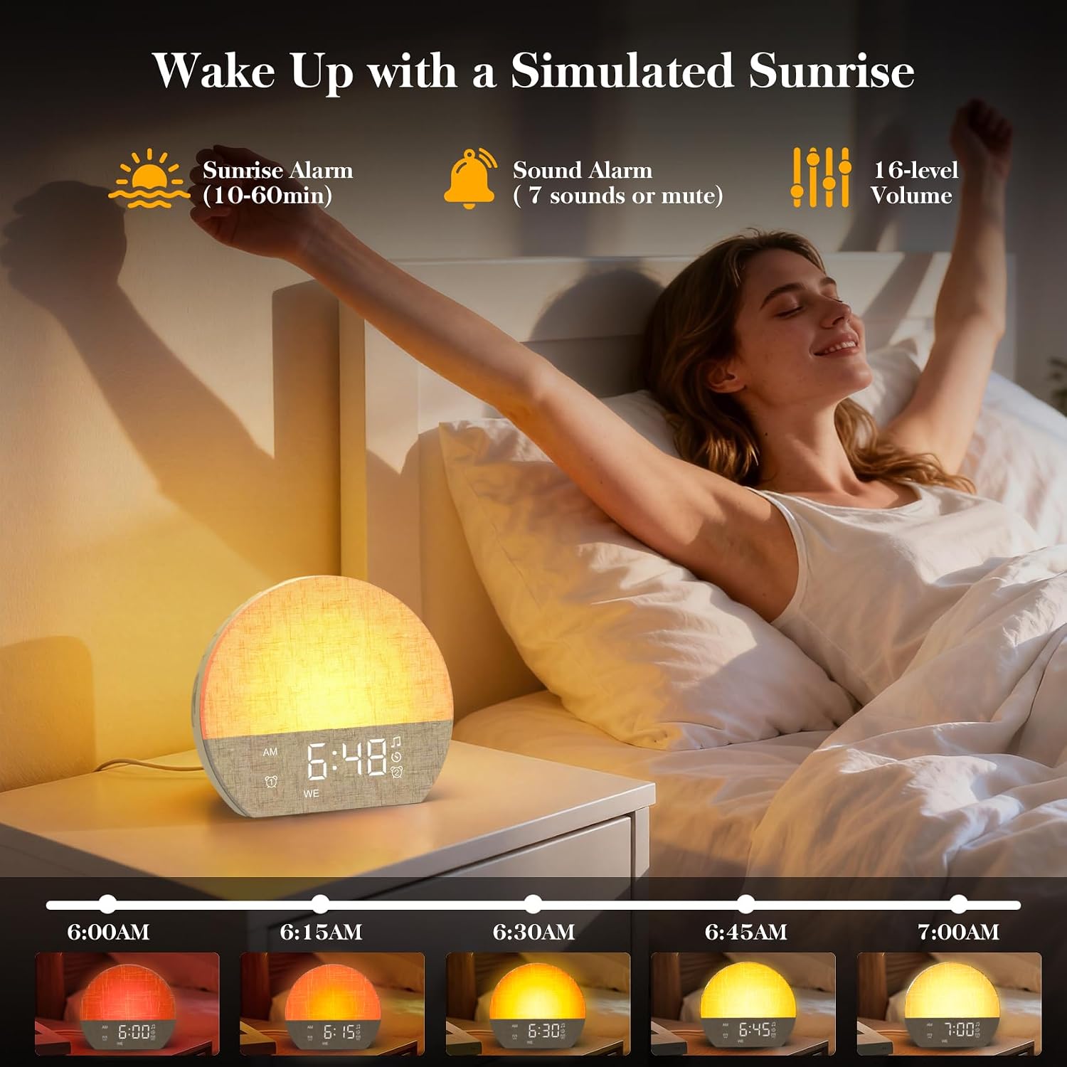 Sunrise alarm clock sound machine with dual alarm for heavy sleepers | 30 soothing sleep sounds & dimmable night light, natural wake-up light for bedrooms, baby rooms, dorms, kids & adults, gift - view 2