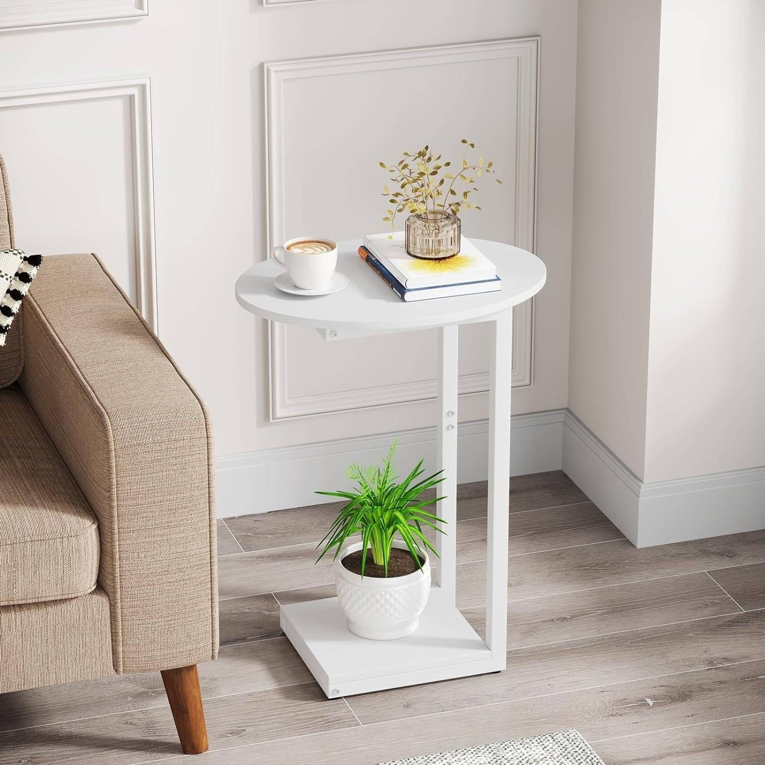 Small Side Table End Table, C Shaped Oval Coffee Table, Wooden TV Tray for Living Room, Bedroom, Couch, Small Spaces (White) - view 4