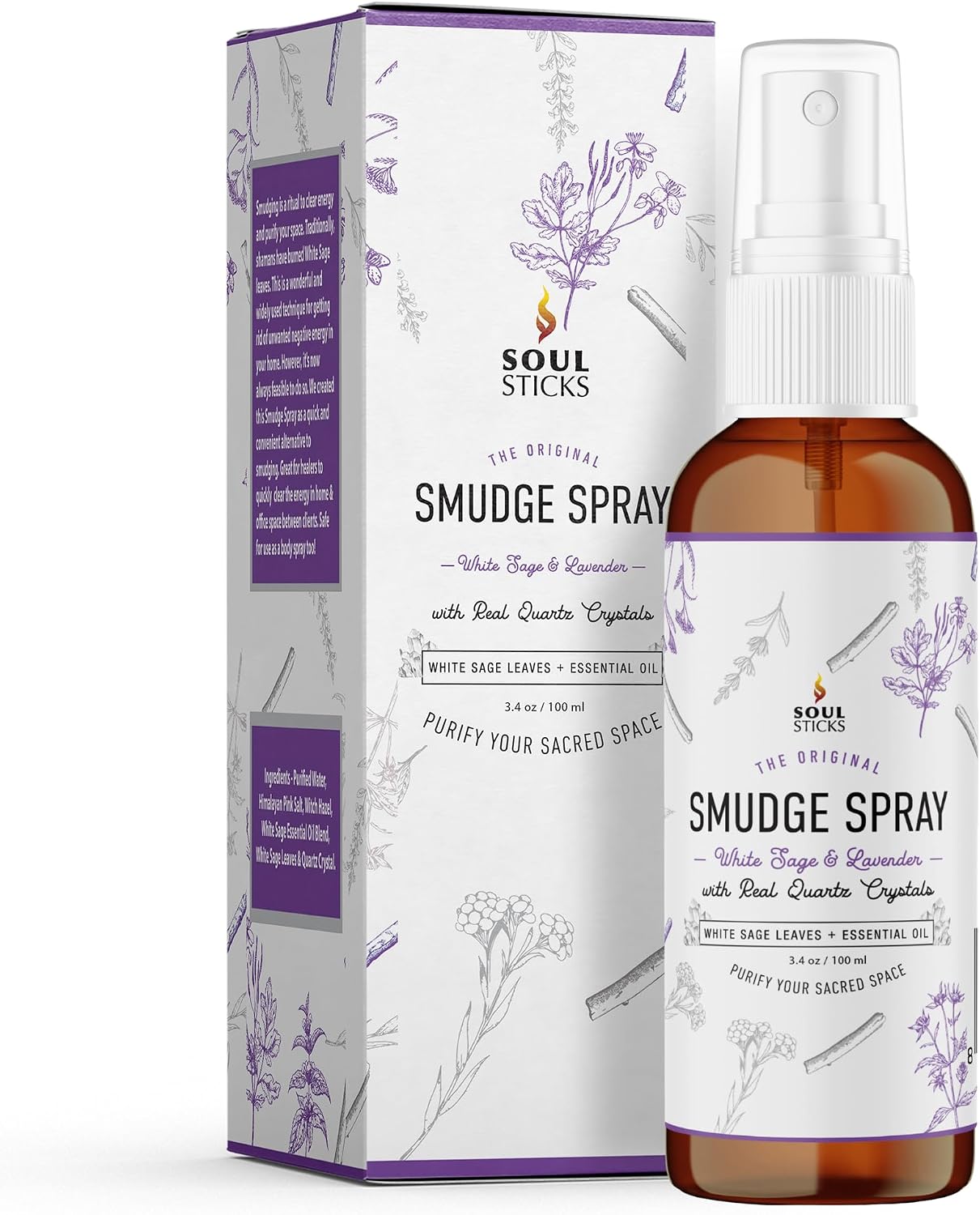 White Sage & Lavender Smudge Spray – 3.5oz Smokeless Mist with Quartz Crystals – Calming Essential Oil Spray for Sleep, Stress Relief, Meditation, and Energy Cleansing