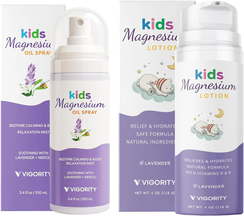 Kids magnesium lotion & magnesium sleep spray set - calming lavender magnesium oil spray for kids bedtime + soothing body lotion for nighttime legs & feet comfort, aromatherapy lavender & neroli