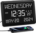11.5-inch large digital wall clock with date and day | tabletop or wall clock for seniors with alarm, battery backup, 5-level dimmer, dual USB, indoor temperature and 12/24H