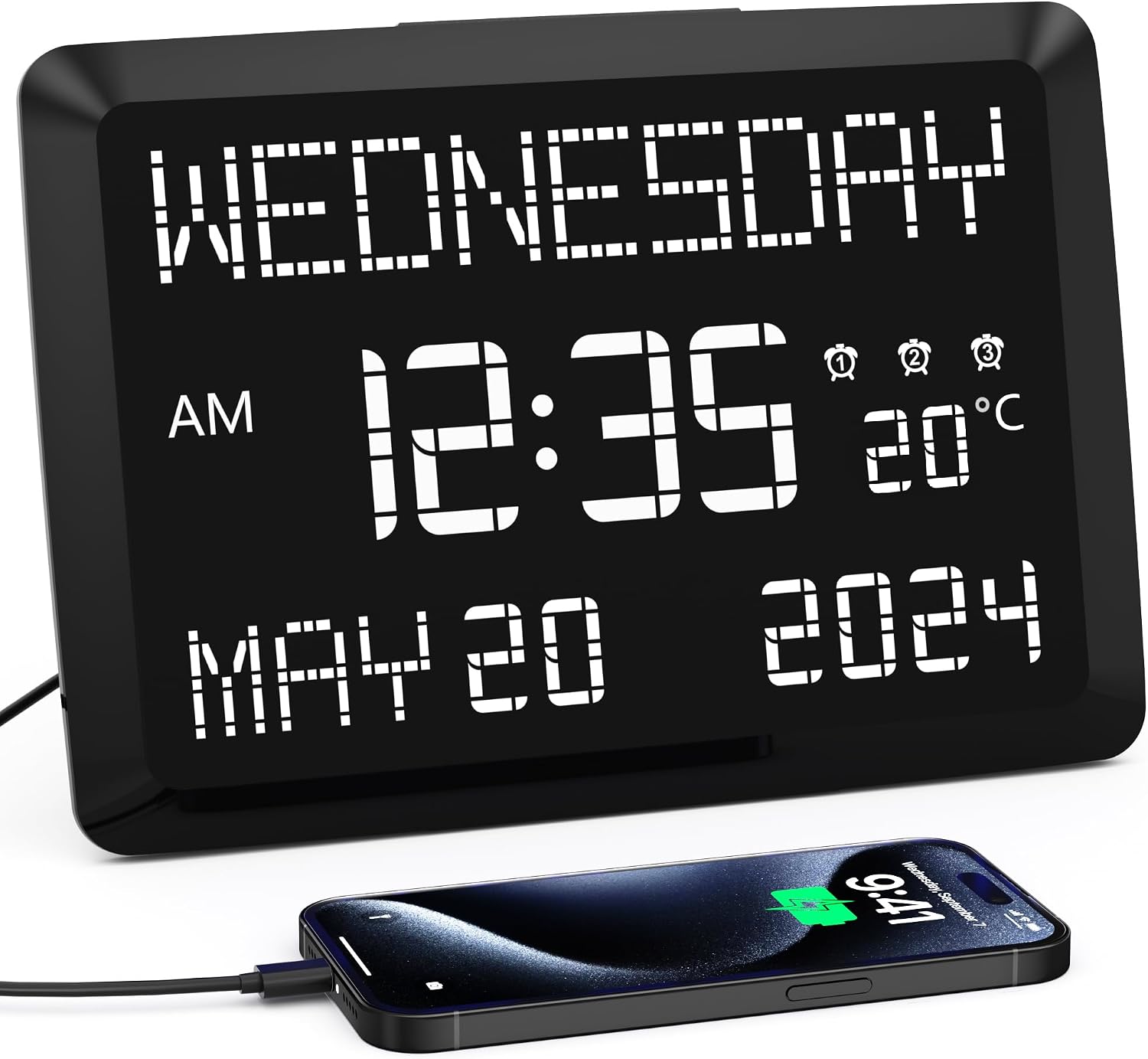 11.5-inch large digital wall clock with date and day | tabletop or wall clock for seniors with alarm, battery backup, 5-level dimmer, dual USB, indoor temperature and 12/24H