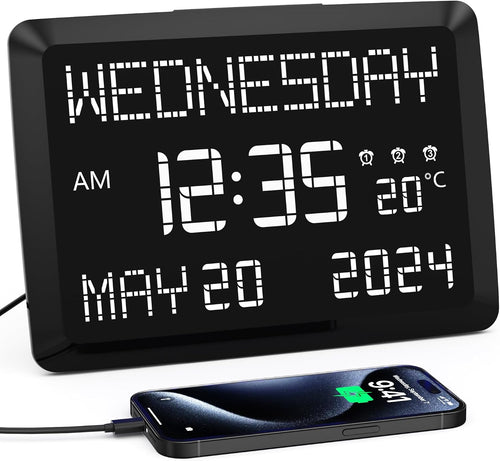 11.5-inch large digital wall clock with date and day | tabletop or wall clock for seniors with alarm, battery backup, 5-level dimmer, dual USB, indoor temperature and 12/24H