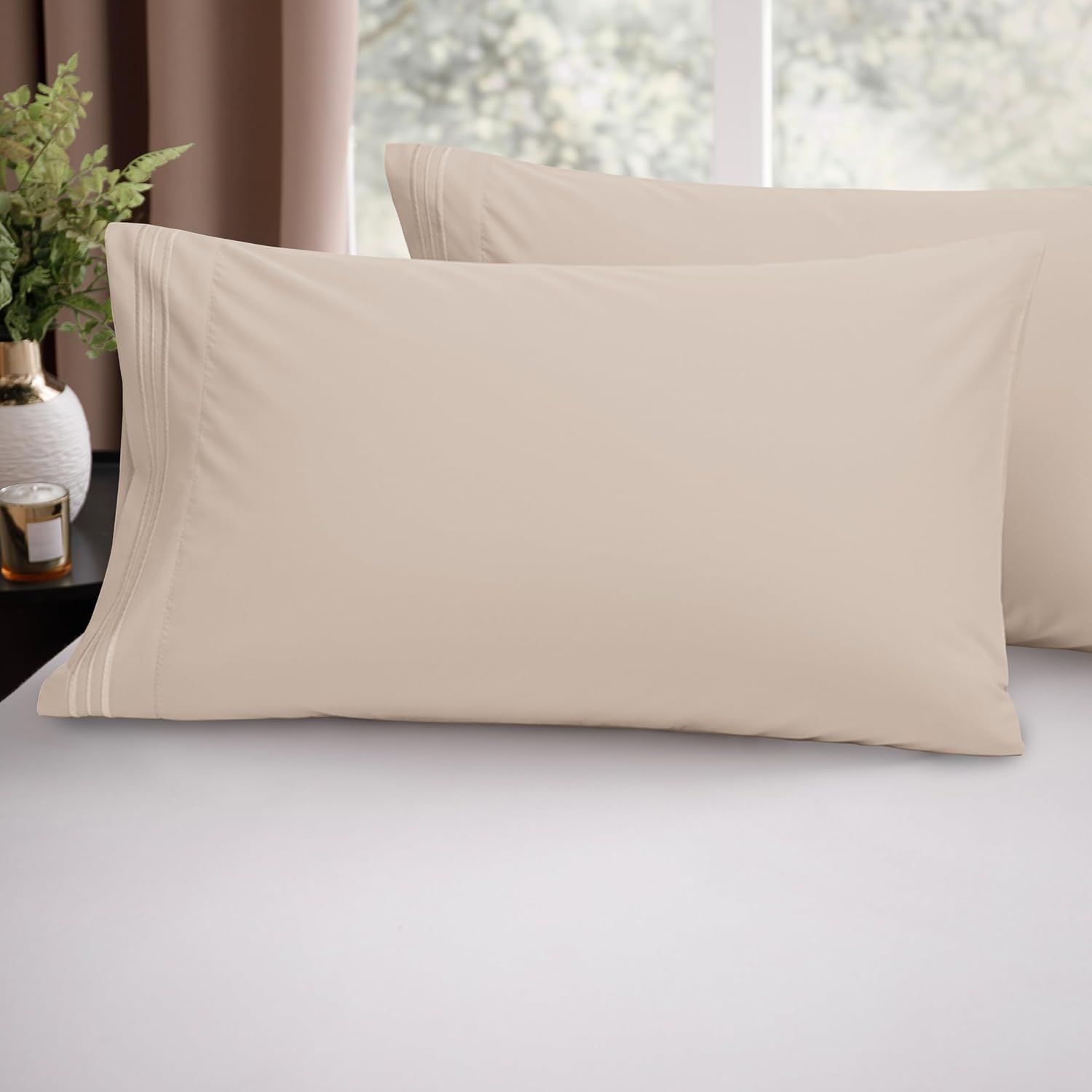 Luxury Ultra-Soft 2-Piece Pillowcase Set - 1500 Premium Hotel Quality Microfiber Double Brushed - Wrinkle Resistant, Standard/Queen, Cream/Tan - view 2
