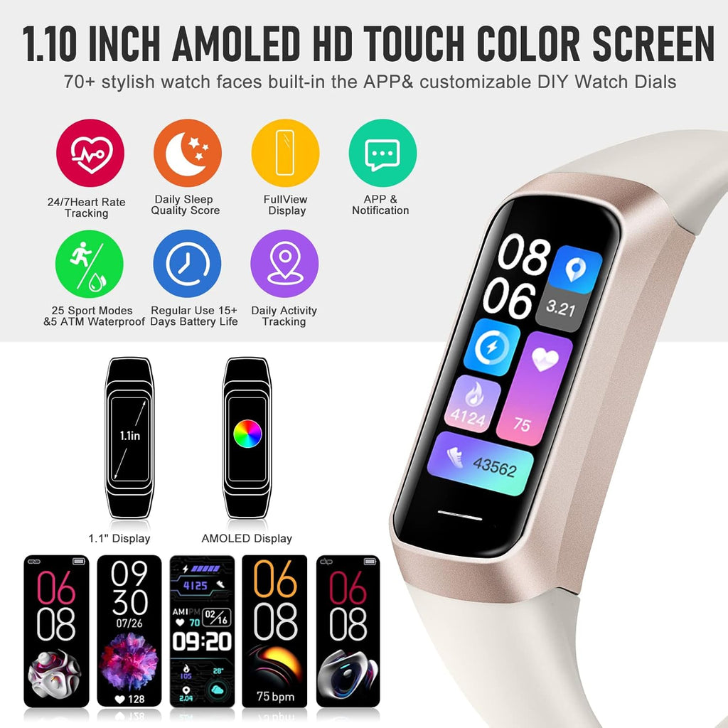 Fitness tracker with 24/7 heart rate blood pressure blood oxygen sleep monitor, 1.10'' AMOLED touch screen smart watches, activity trackers health calories pedometer for women men - view 2