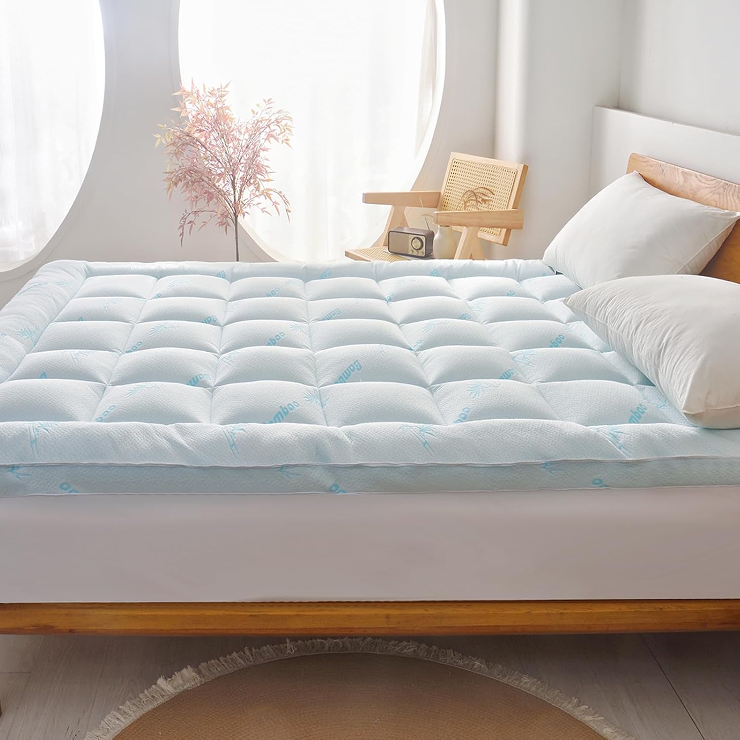 Mattress Topper Queen Size - Cooling Extra Thick Breathable Viscose Made from Bamboo Mattress pad - Soft Quilted Fitted Mattress Cover with 900 GSM Down Alternative Fill (8-21”Deep Pocket) - view 6
