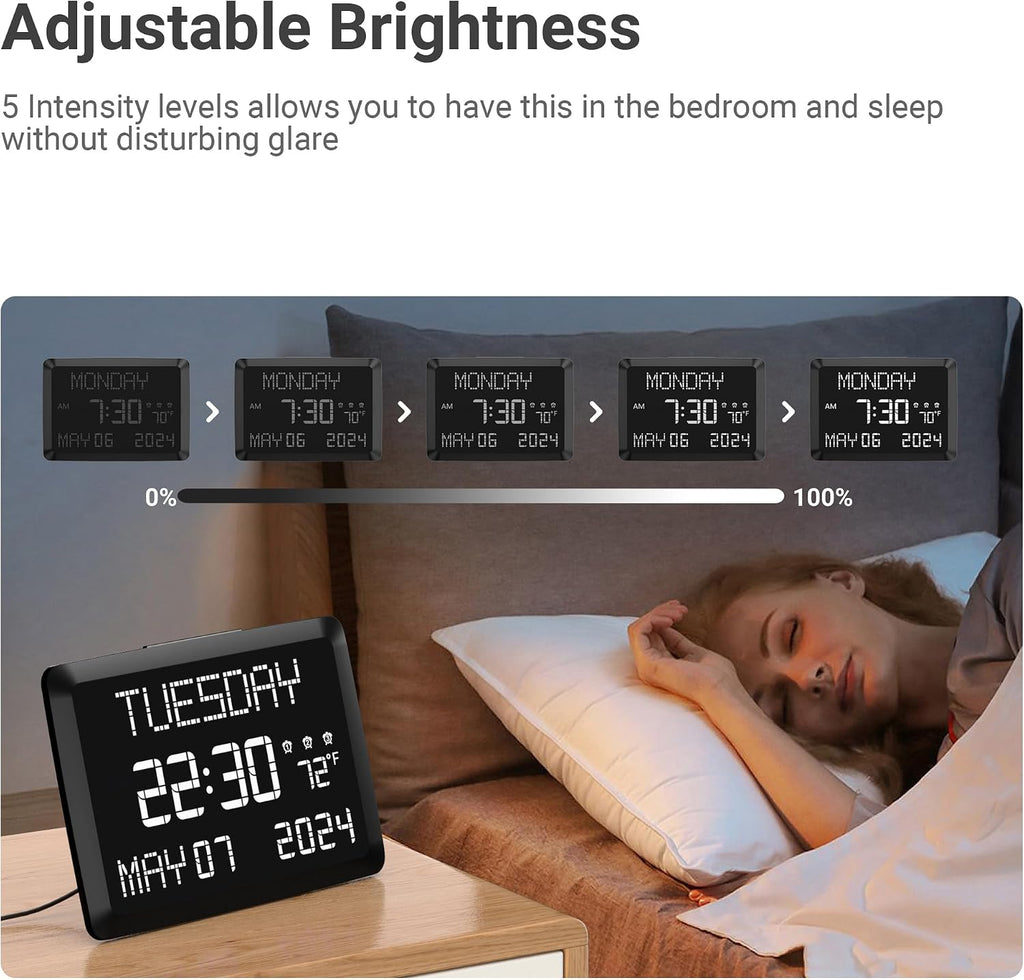 11.5-inch large digital wall clock with date and day | tabletop or wall clock for seniors with alarm, battery backup, 5-level dimmer, dual USB, indoor temperature and 12/24H - view 4