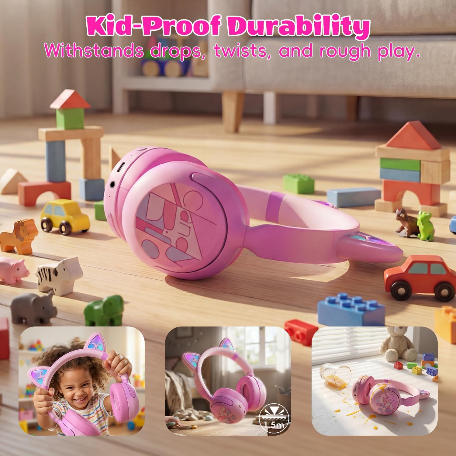 Kids Bluetooth headphones with LED cat ears, 85dB limit, pink, active noise cancelling, 40-hour playtime, Bluetooth 6.0, fast charging, built-in mic, compatible with iPad and tablets - view 8