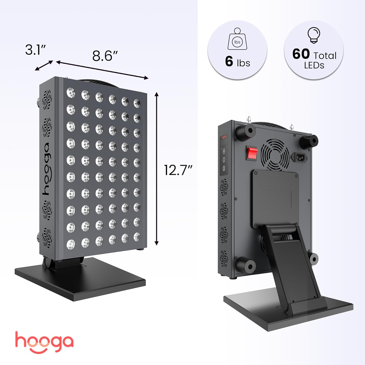 Red light therapy panel device – 660nm red & 850nm near infrared light therapy, LED light therapy lamp, 60 dual chip LEDs, timer, table top stand included – PRO300 - view 5
