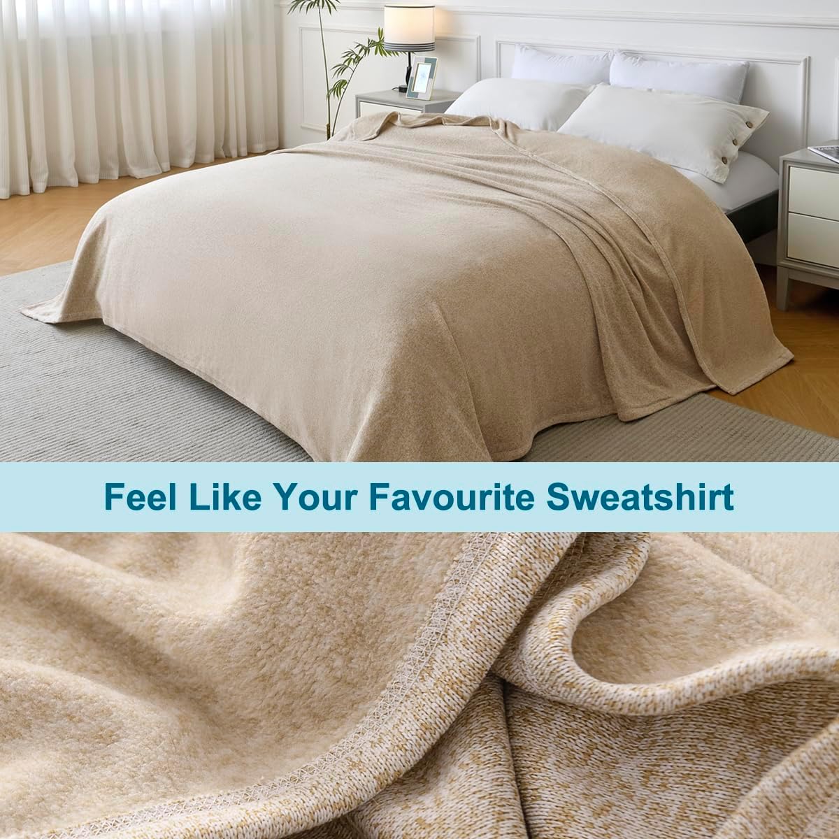 Summer Sweatshirt Queen Size Blanket for Bed Lightweight Soft Thin | Breathable Jersey Blankets for Hot Sleepers in Air-Conditioned Room, Home Decor Holiday Gift, 90 X 90 Inches, Heather Camel - view 3