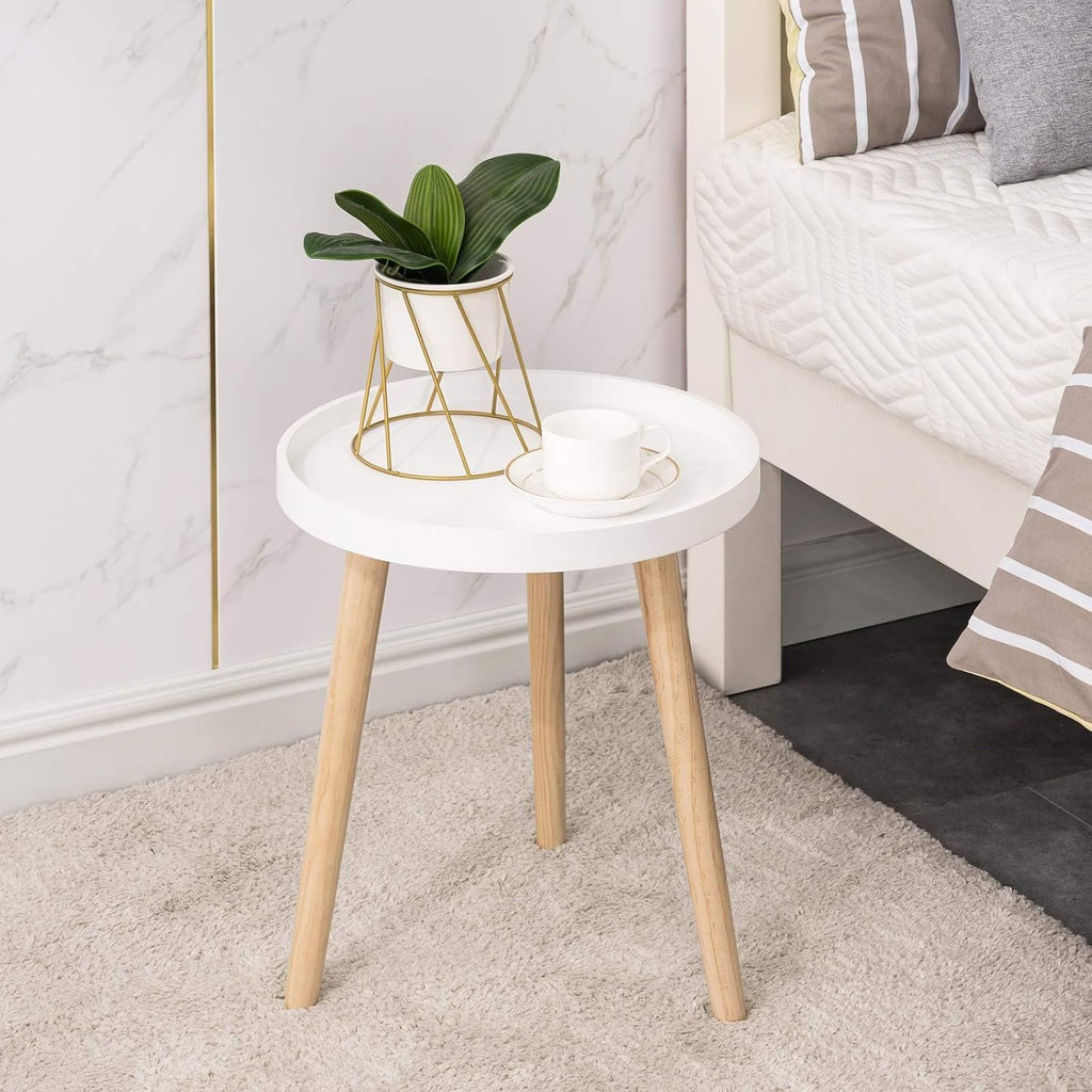 Round Side Table, White Tray Nightstand Coffee End Table for Living Room, Bedroom, Small Spaces, Easy Assembly Bedside Table, 15 x 18 Inches - view 3