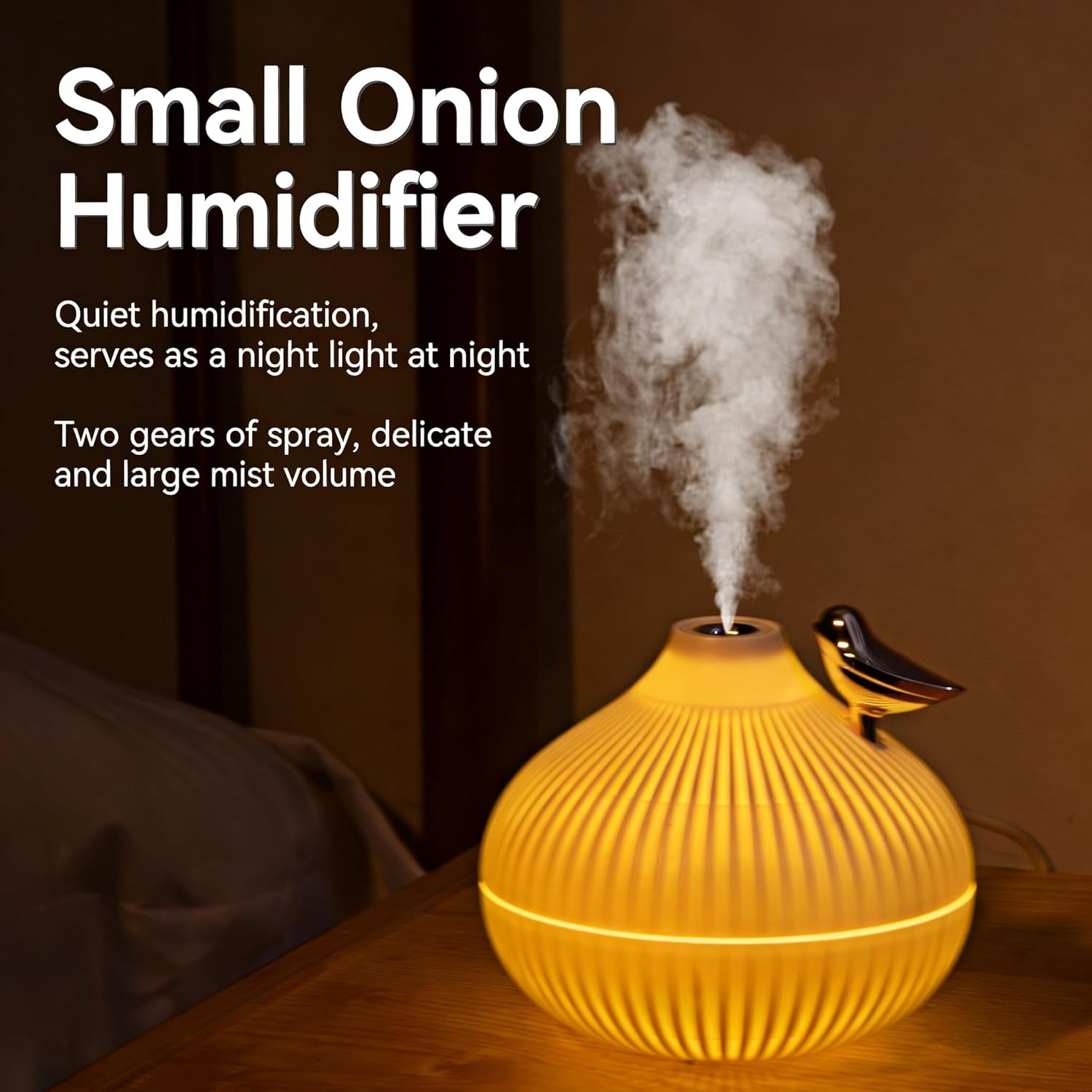Portable Small Onion Humidifier, 300ml Desktop Mini Plug-in Humidifier with 3-Color Warm Night Light, for Bedroom Home Office Travel - view 2