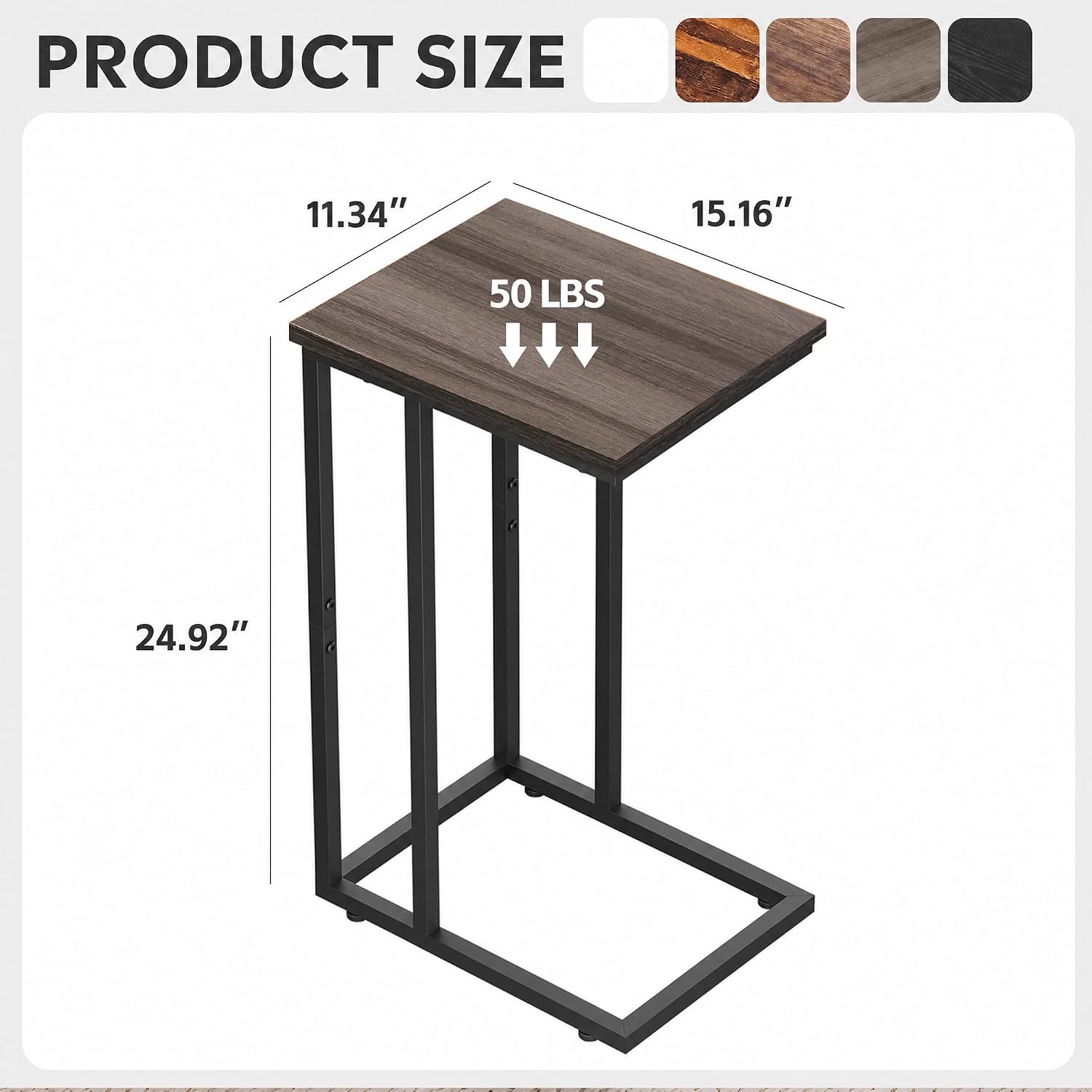 Small Side Table, C Shaped End Table for Couch, Sofa and Bed, Tv Tray Table that Slides Under for Living Room, Bedroom, Bedside, Gray and Black - view 3