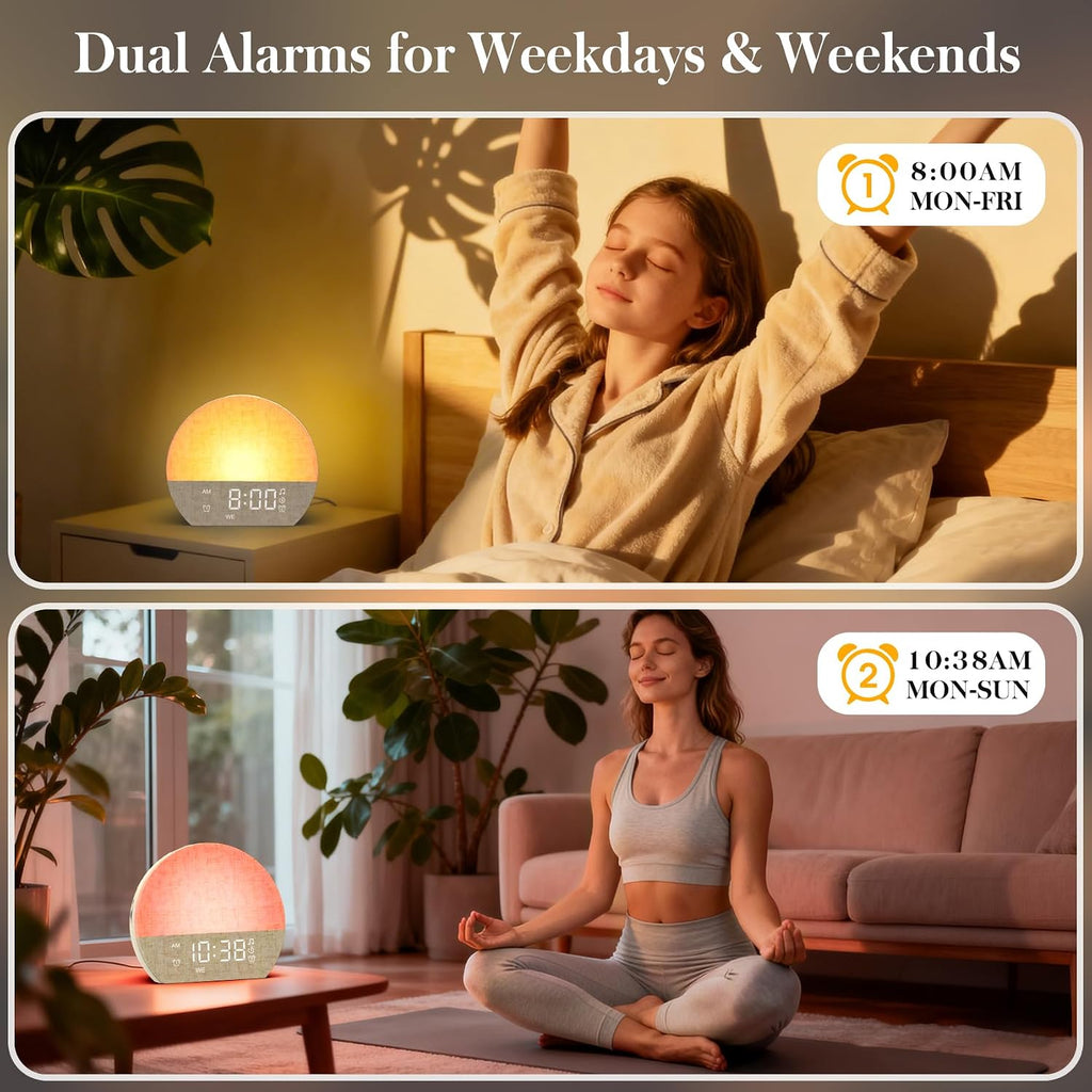 Sunrise alarm clock sound machine with dual alarm for heavy sleepers | 30 soothing sleep sounds & dimmable night light, natural wake-up light for bedrooms, baby rooms, dorms, kids & adults, gift - view 3