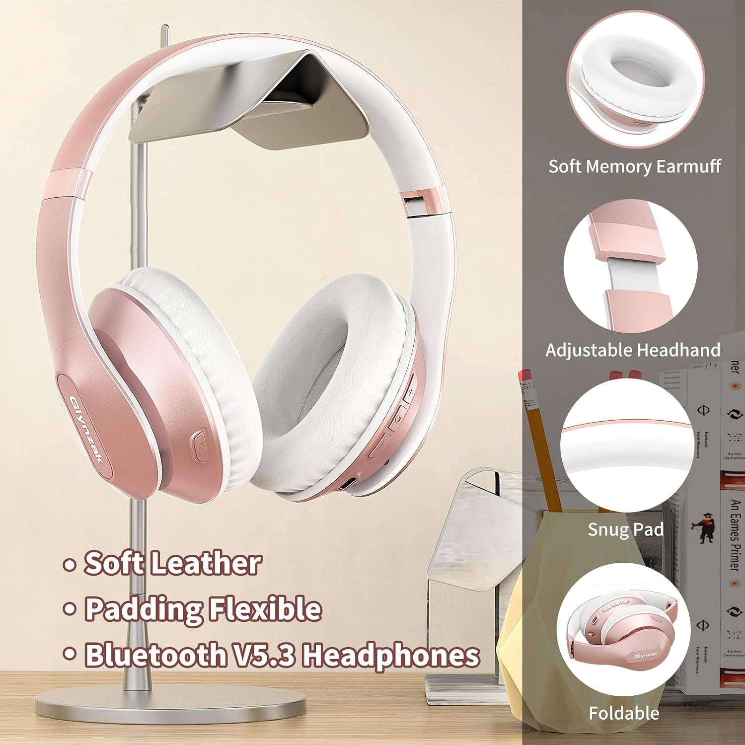 Wireless Bluetooth headphones over ear 65H playtime HiFi stereo headset with microphone and 6EQ modes foldable Bluetooth V6.0 headphones for travel smartphone computer laptop rose gold - view 4