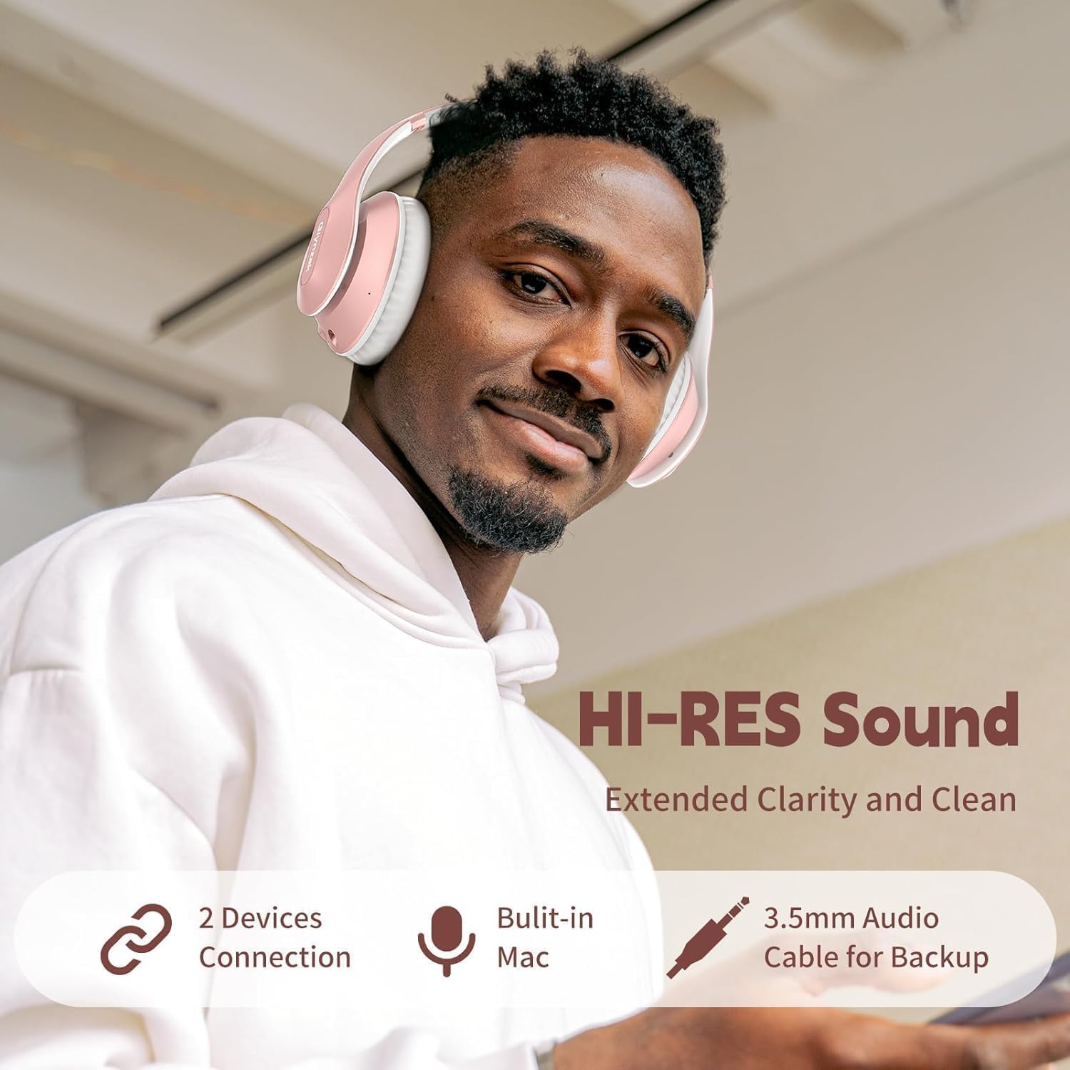 Wireless Bluetooth headphones over ear 65H playtime HiFi stereo headset with microphone and 6EQ modes foldable Bluetooth V6.0 headphones for travel smartphone computer laptop rose gold - view 2