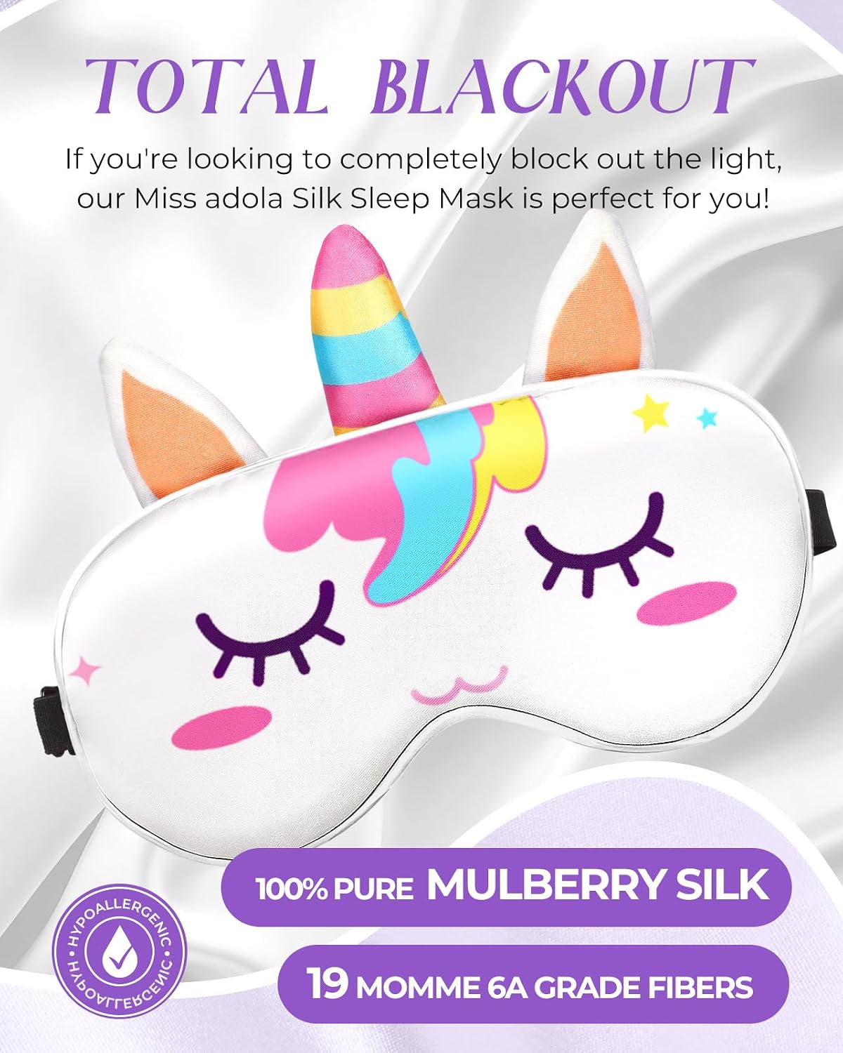 Sleep Mask for Kids - Valentines Gift for Kids Cute Silk Eye Cover for Sleeping Soft Kawaii Eyeshade Animal Eye Blindfold with Adjustable Strap for Girls Teens, Unicorn - view 2