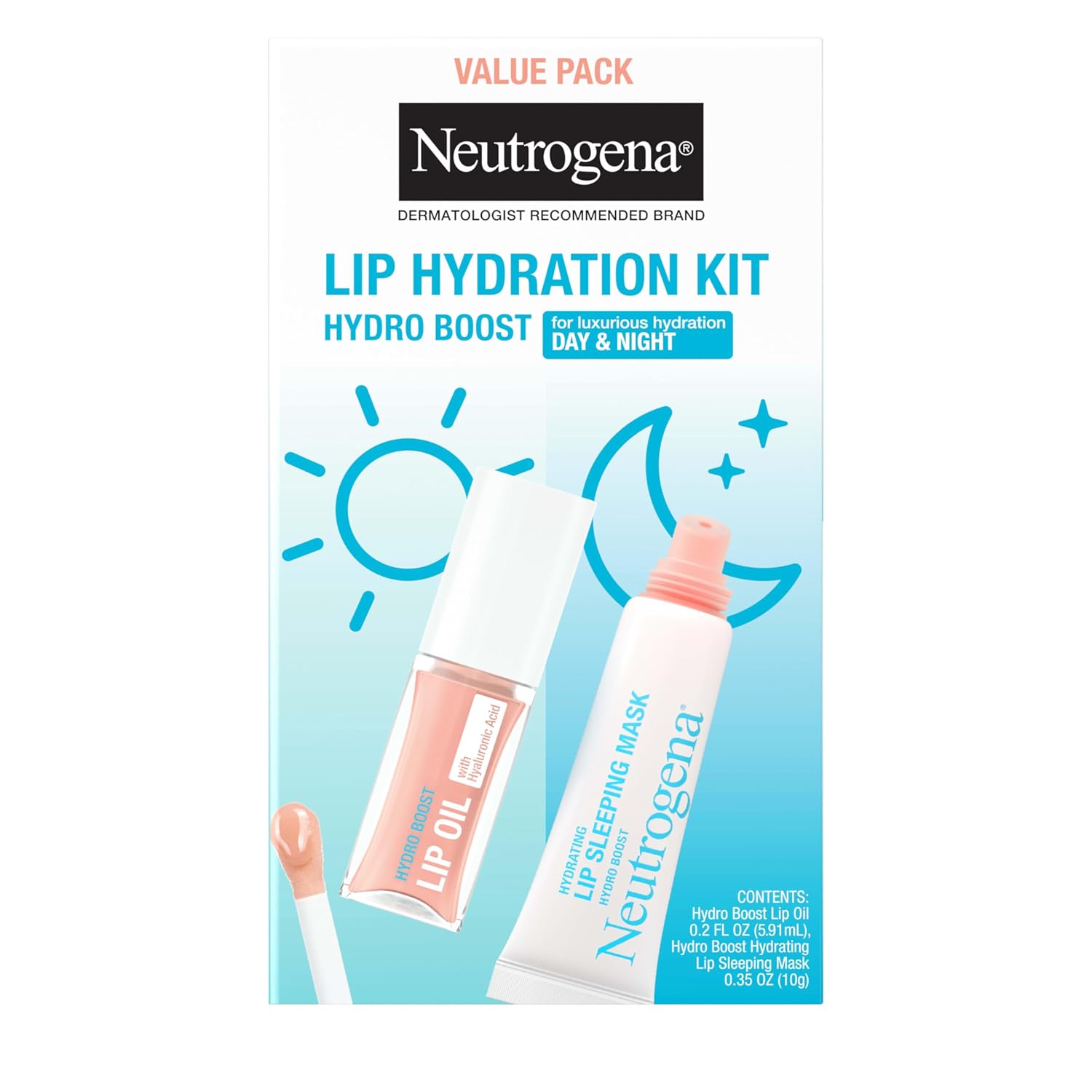 Neutrogena Hydro Boost Lip Hydration Kit, 2 items | Light Pink Tinted Lip Oil, Clear Overnight Lip Sleeping Mask, Hyaluronic Acid, Nourish & Hydrate Day & Night