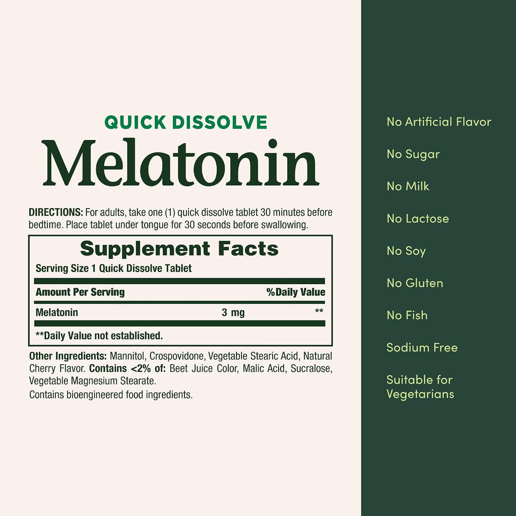 Melatonin, Promotes Relaxation & Sleep, 100% Drug Free Sleep Aid, 3 mg, 120 Quick Dissolve Tablets - view 5
