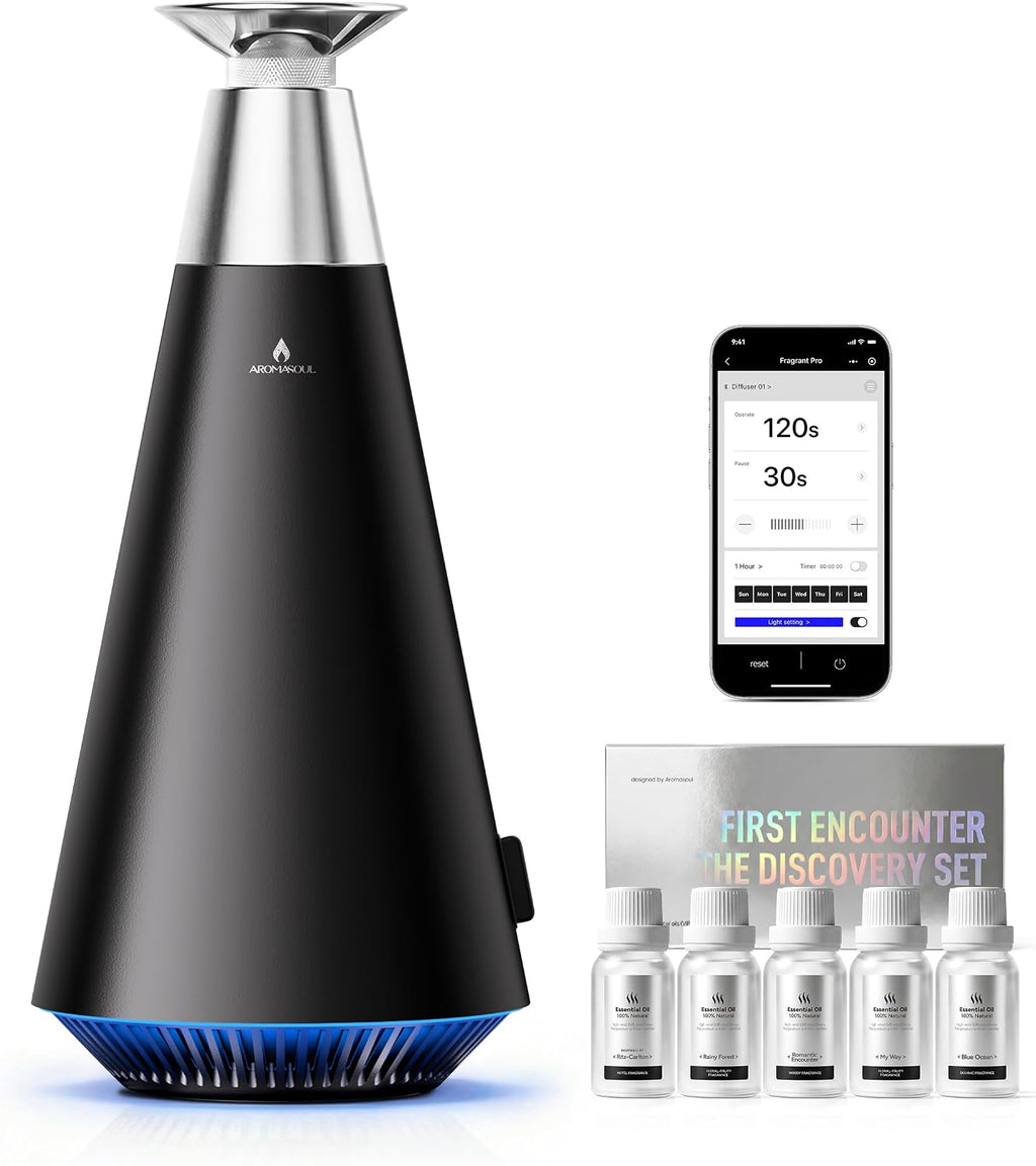 All-Metal Waterless Scent Diffuser Kit – 1500 Sq.Ft Coverage, Wireless Rechargeable,App Control, Mood Light, Hotel Scent Diffuser, Includes 5×15ml Essential Oils, for Home,Large Room,Spa,Silver - view 8