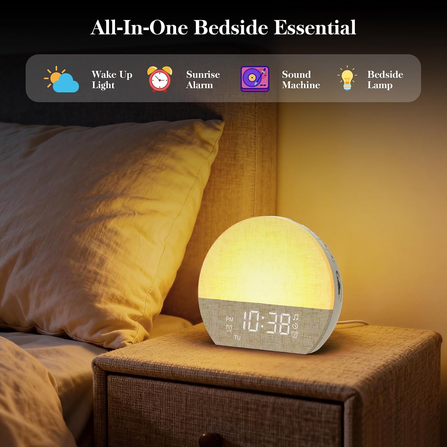 Sunrise alarm clock sound machine with dual alarm for heavy sleepers | 30 soothing sleep sounds & dimmable night light, natural wake-up light for bedrooms, baby rooms, dorms, kids & adults, gift - view 4