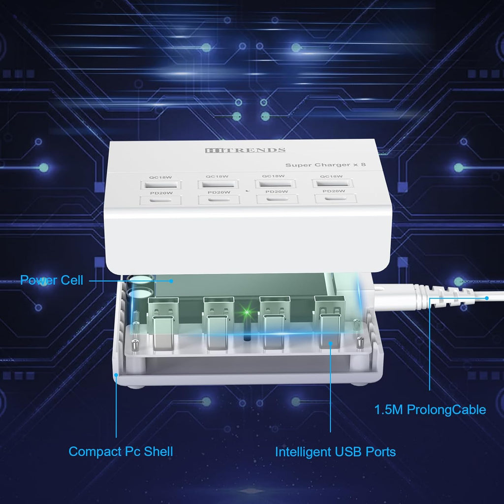 USB charger with USB C PD20W and USB A QC18W, 60W PD fast charging station, 5ft 8-port multiple desktop multi port USB charging hub compatible with iPad iPhone 17/16/15/14, Galaxy S24/S23/S22 - view 6