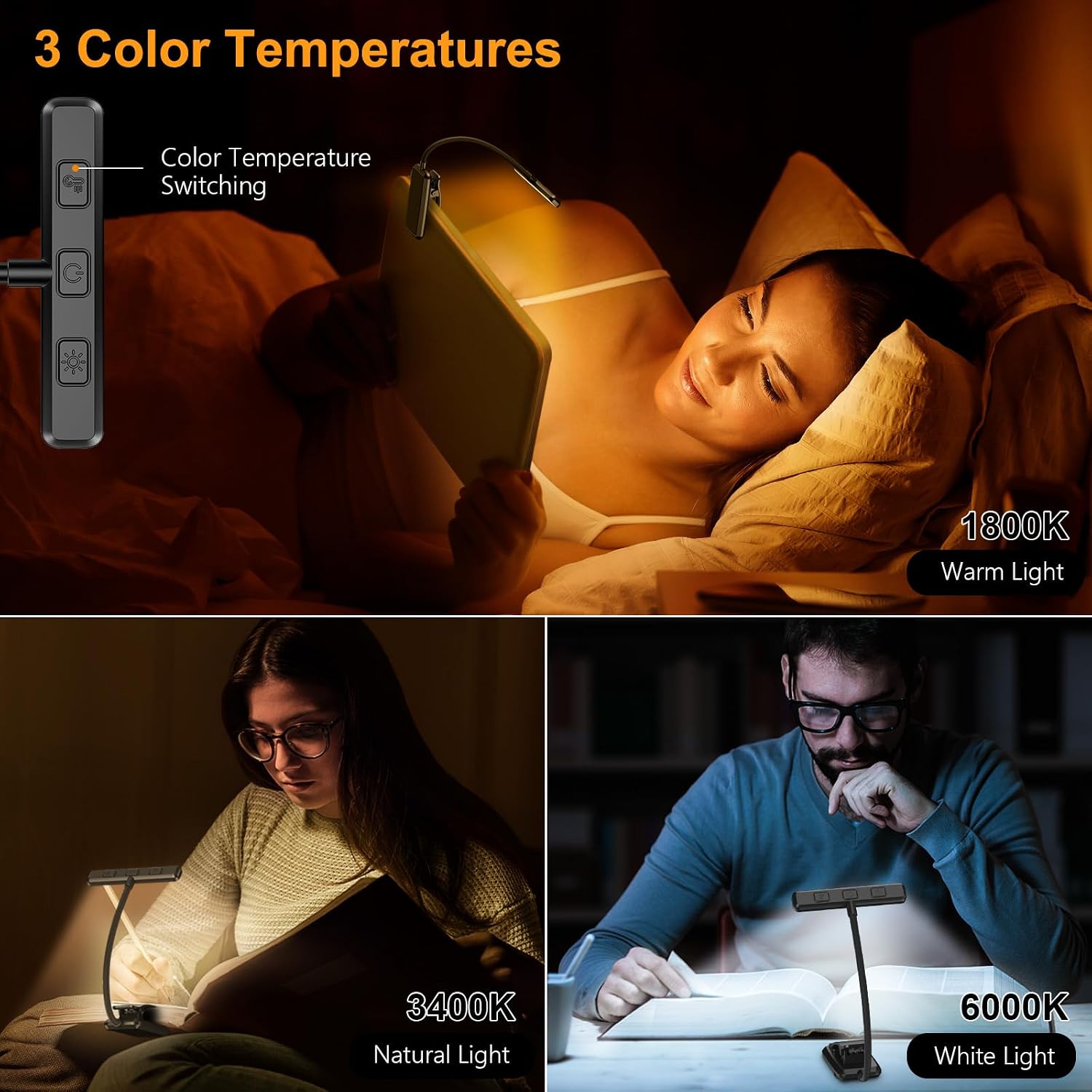 19 LED Rechargeable Book Light for Reading in Bed | Eye Caring 3 Color Temps,Stepless Dimming Brightness,Memory Function,90 Hrs Runtime Lightweight Clip on Light for Book Lovers - view 3
