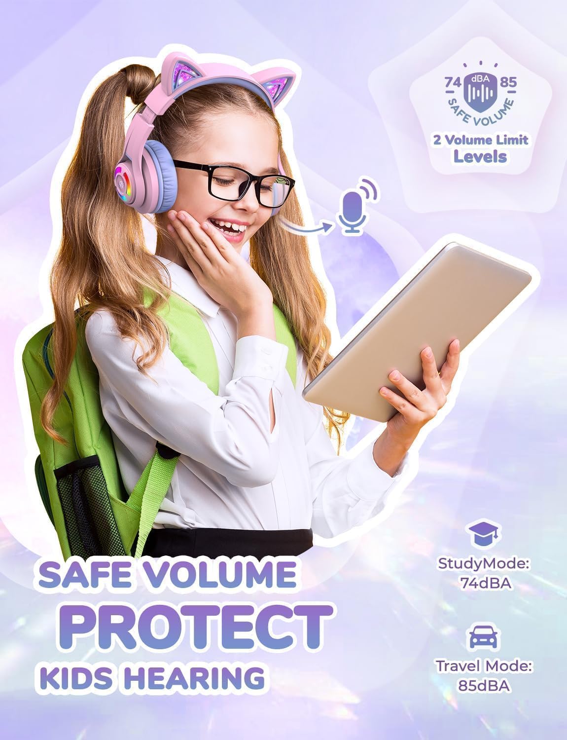 Kids Bluetooth headphones for girls, LED cat ear travel gift | SafeSound tech, 50H playtime, USB C charging, AUX cable, stereo sound, kids headphones wireless with mic for tablet, Purple - view 3